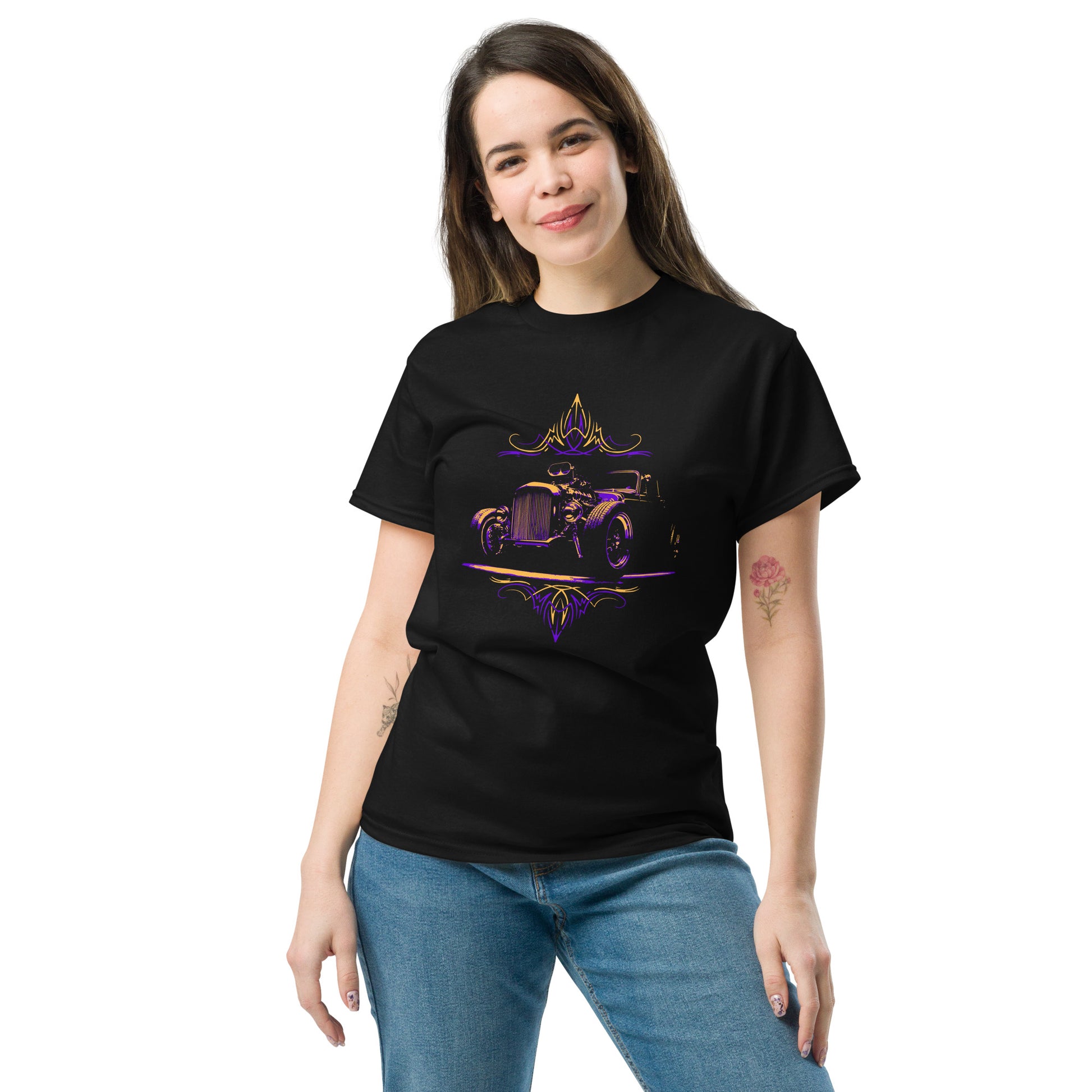 1932 Ford Hot Rod T-Shirt: Pinstripe Unisex Tee Purple and Orange version