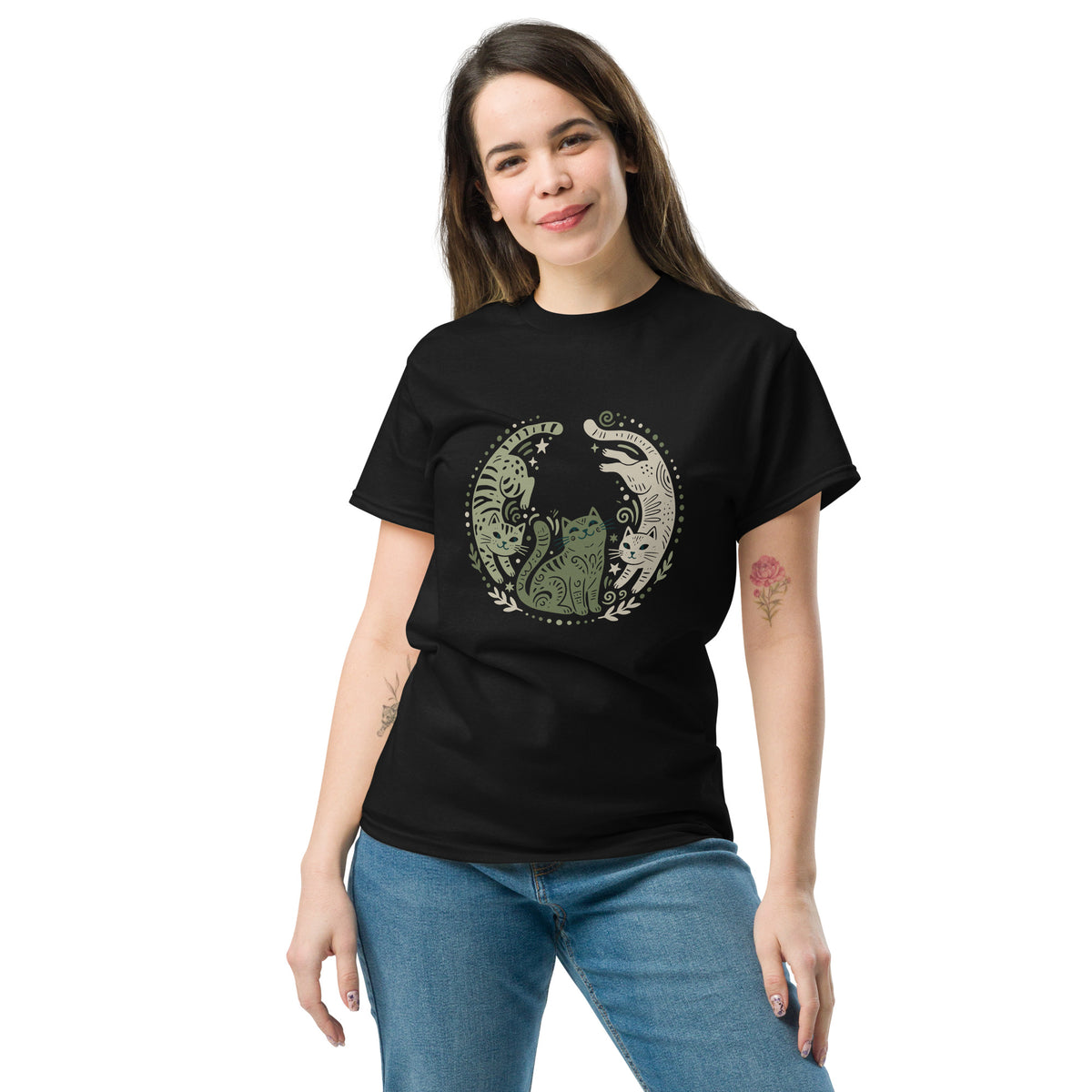 Folk Art Cat Shirt | Celestial Three Cats Tee | Sage Green Mystical T-Shirt