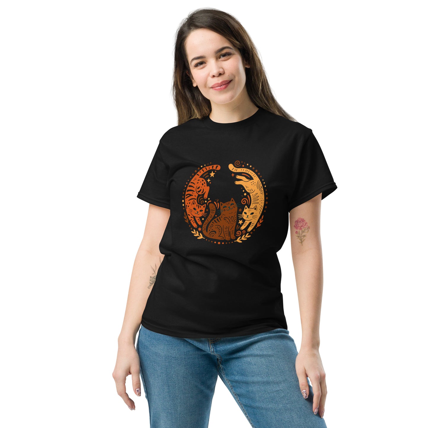 Folk Art Cat Shirt | Celestial Three Cats Tee | Yellow Brown Mystical T-Shirt