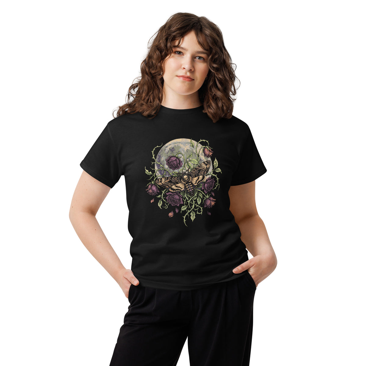 Dark Botanical Moth Shirt, Gothic Moon and Roses Tee, Dark Academia Goth Gift for Her