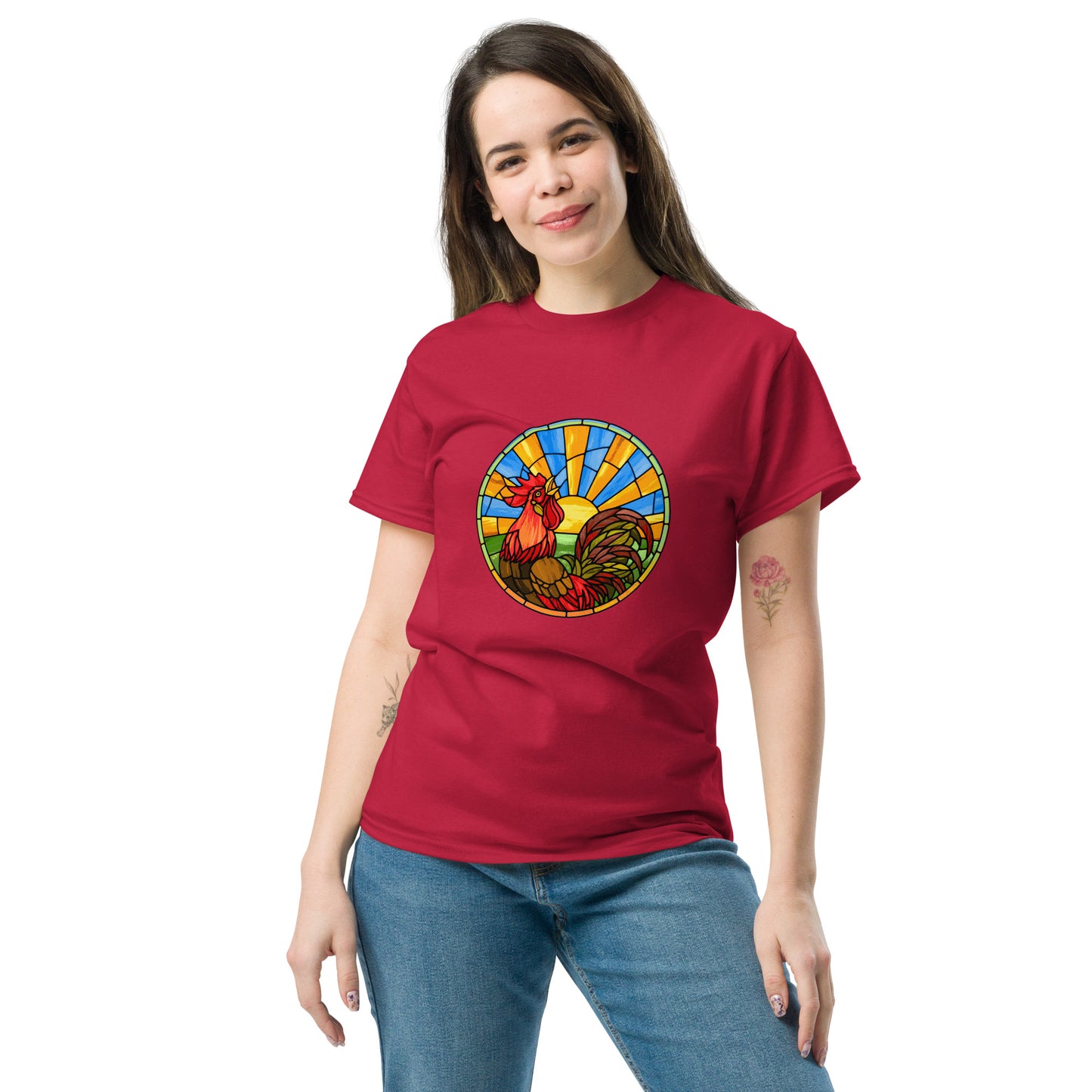 Stained Glass Rooster Unisex classic tee - Chicken Shirt!  Rise and shine with our radiant rooster tee! This stained glass-inspired design is the perfect way to start your day. 
