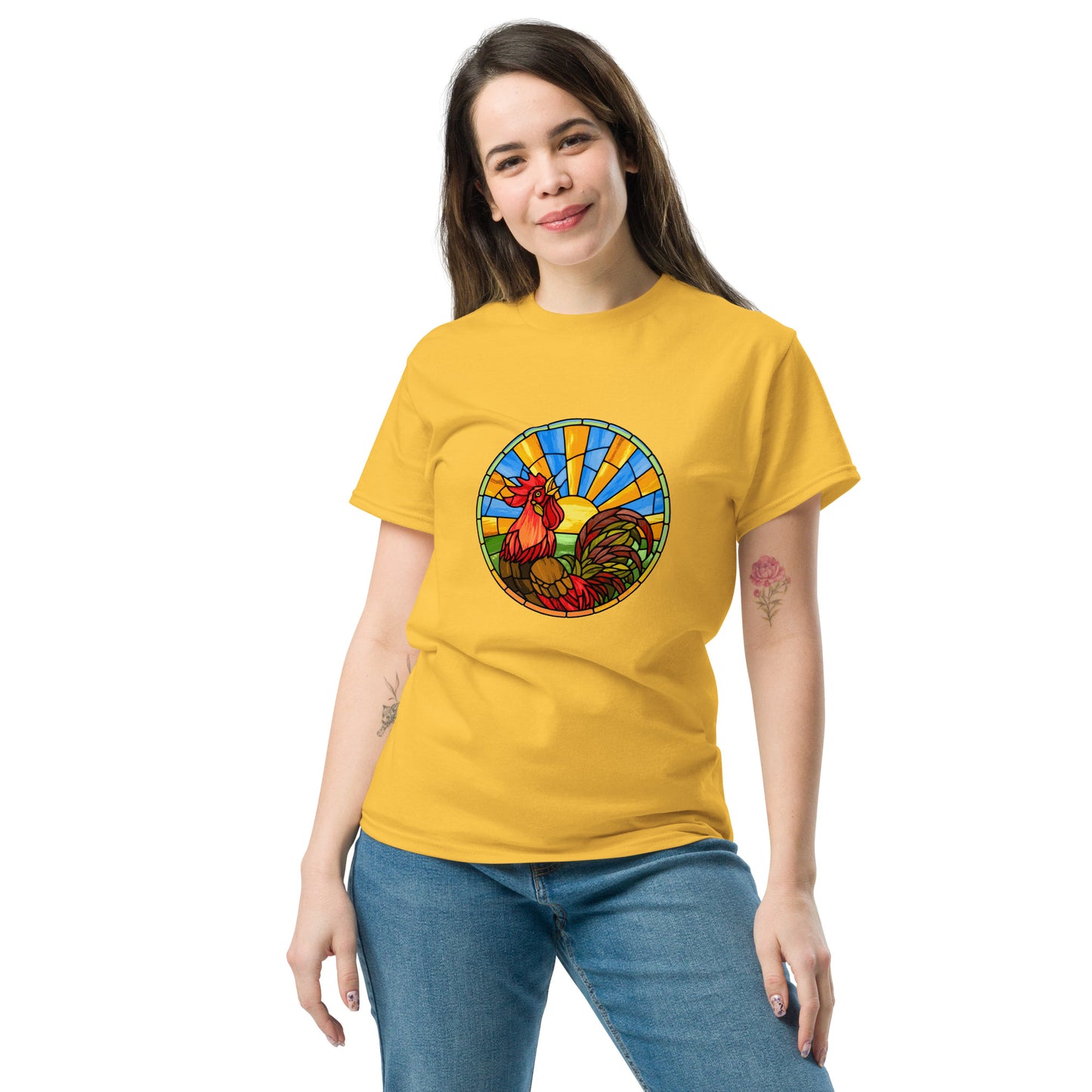 Stained Glass Rooster Unisex classic tee - Chicken Shirt!  Rise and shine with our radiant rooster tee! This stained glass-inspired design is the perfect way to start your day. 
