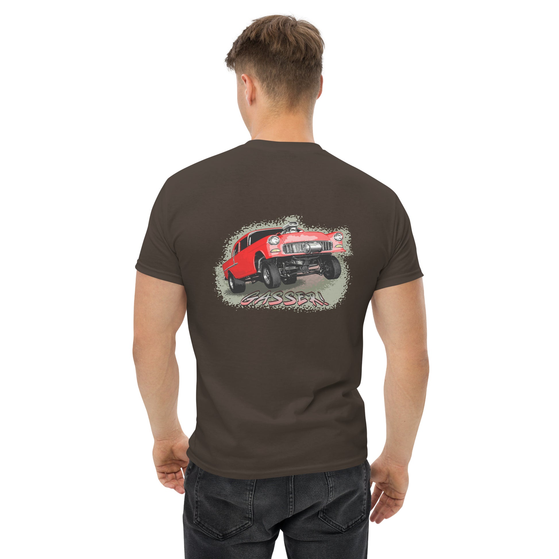 Classic Car Shirt featuring a Red 1955 Chevy Gasser - Unisex t-shirt, 1950s 1960s racer, image on back