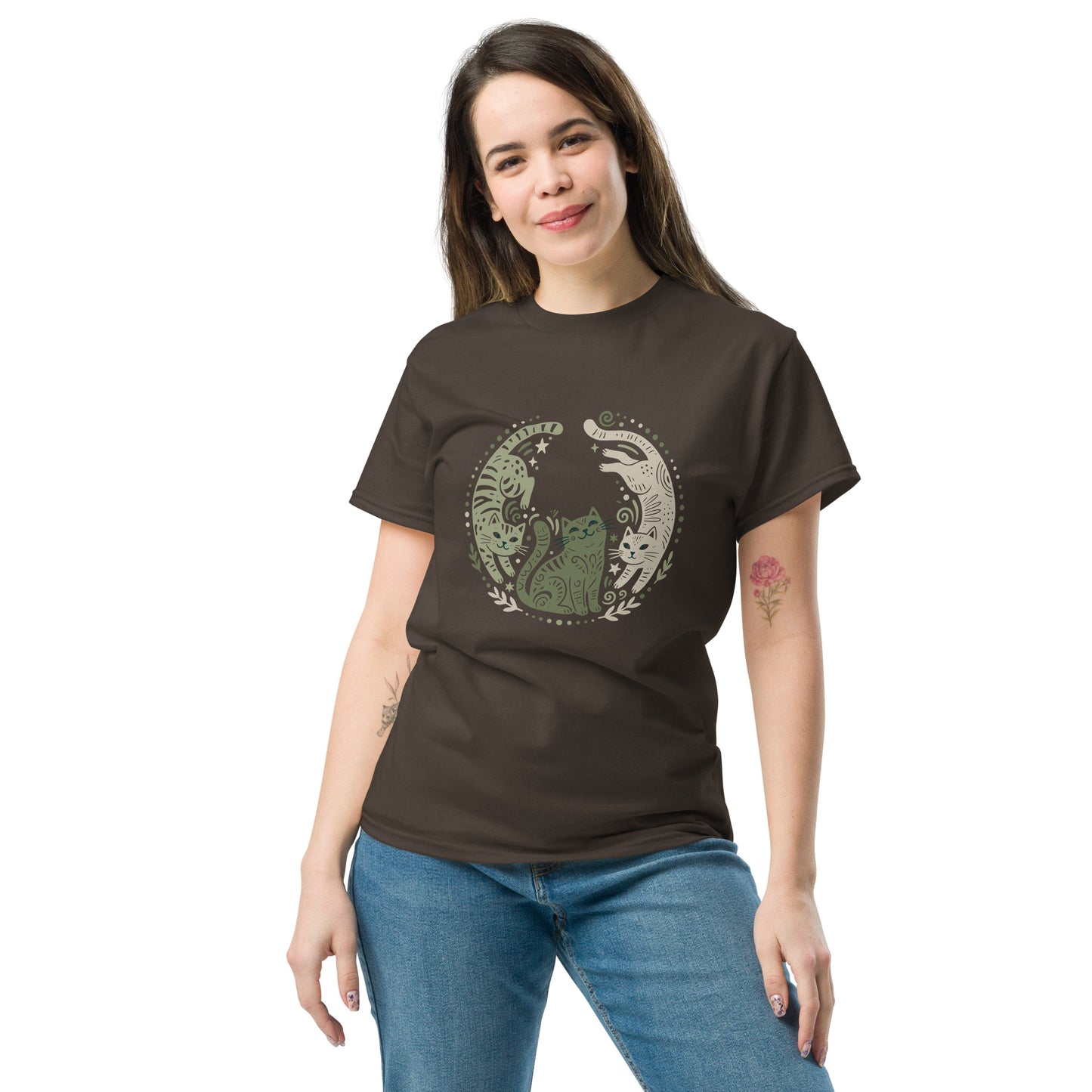 Folk Art Cat Shirt | Celestial Three Cats Tee | Sage Green Mystical T-Shirt