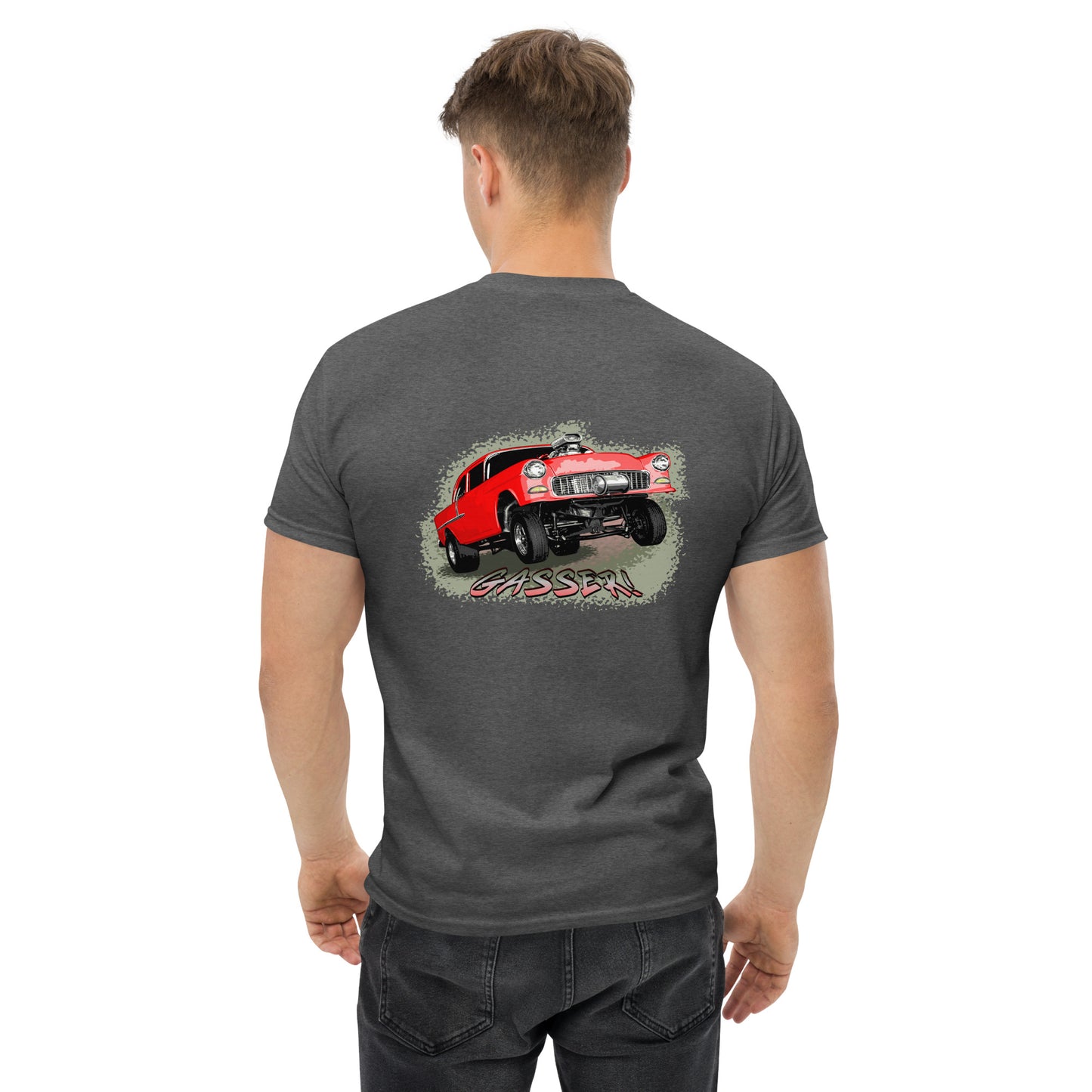 Classic Car Shirt featuring a Red 1955 Chevy Gasser - Unisex t-shirt, 1950s 1960s racer, image on back