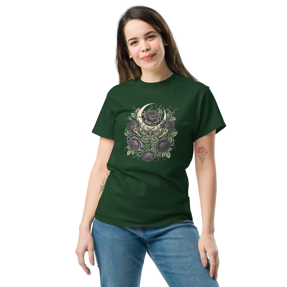 Gothic Moth Shirt, Dark Botanical Moon and Roses Tee, Witchy Celestial Moon Moth T-Shirt, Dark Academia Goth Gift for Her