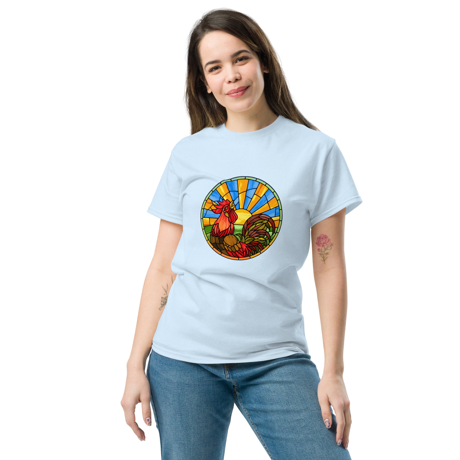 Stained Glass Rooster Unisex classic tee - Chicken Shirt!  Rise and shine with our radiant rooster tee! This stained glass-inspired design is the perfect way to start your day. 