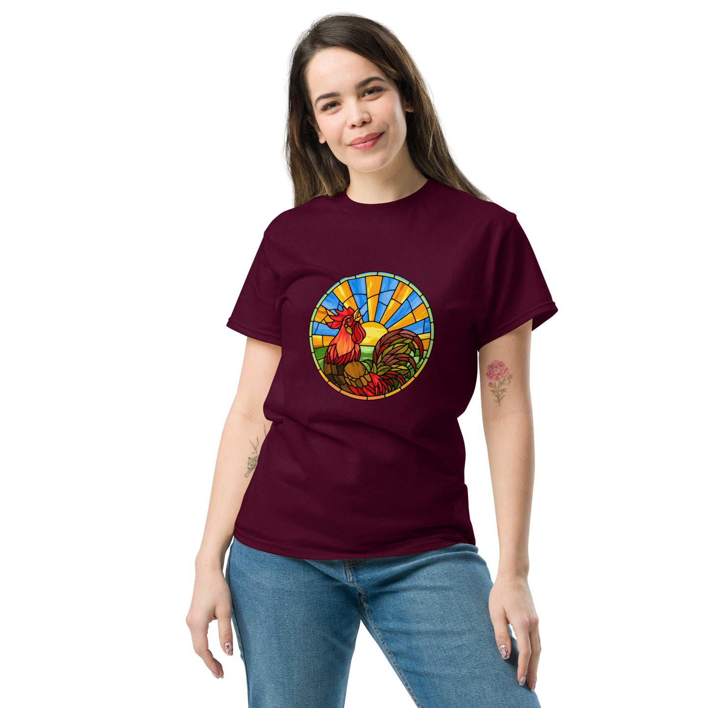 Stained Glass Rooster Unisex classic tee - Chicken Shirt!  Rise and shine with our radiant rooster tee! This stained glass-inspired design is the perfect way to start your day. 