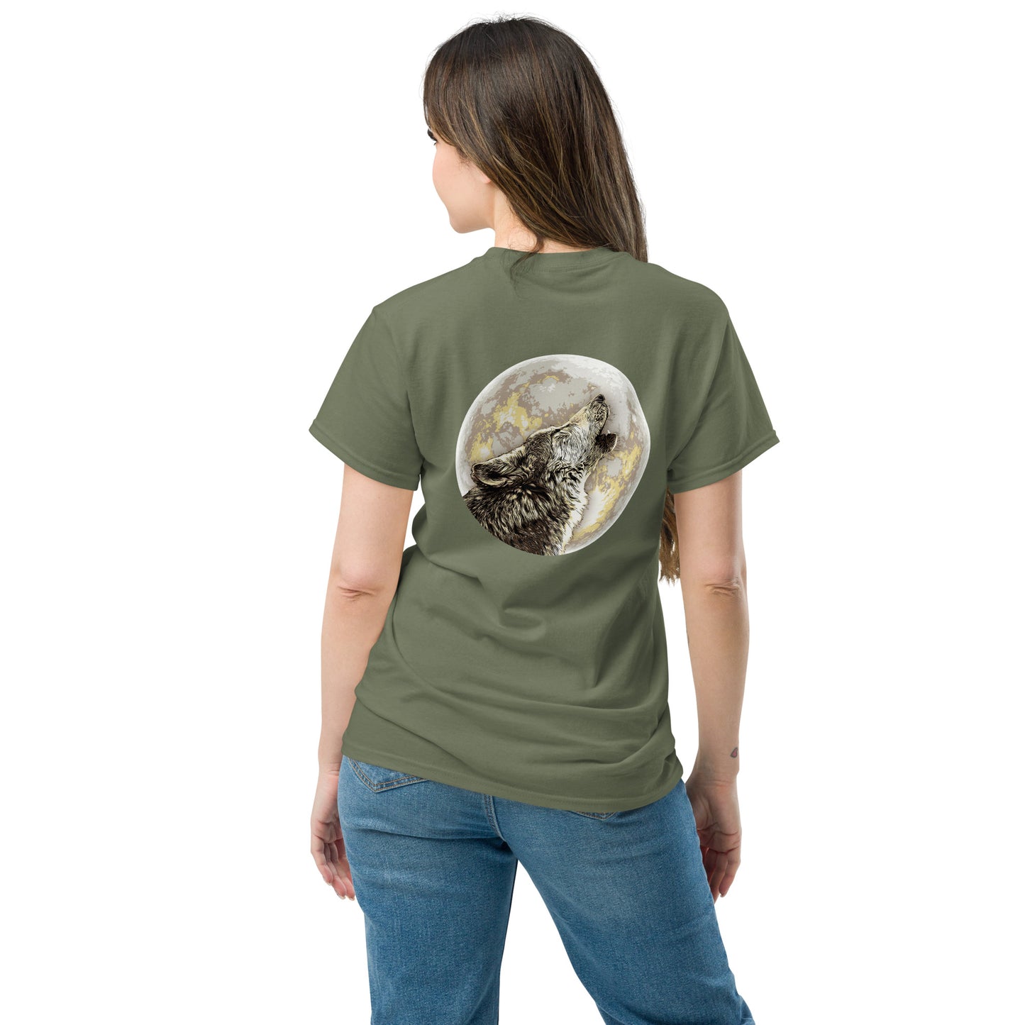 Howling Wolf under Full Moon Unisex classic tee - image on back