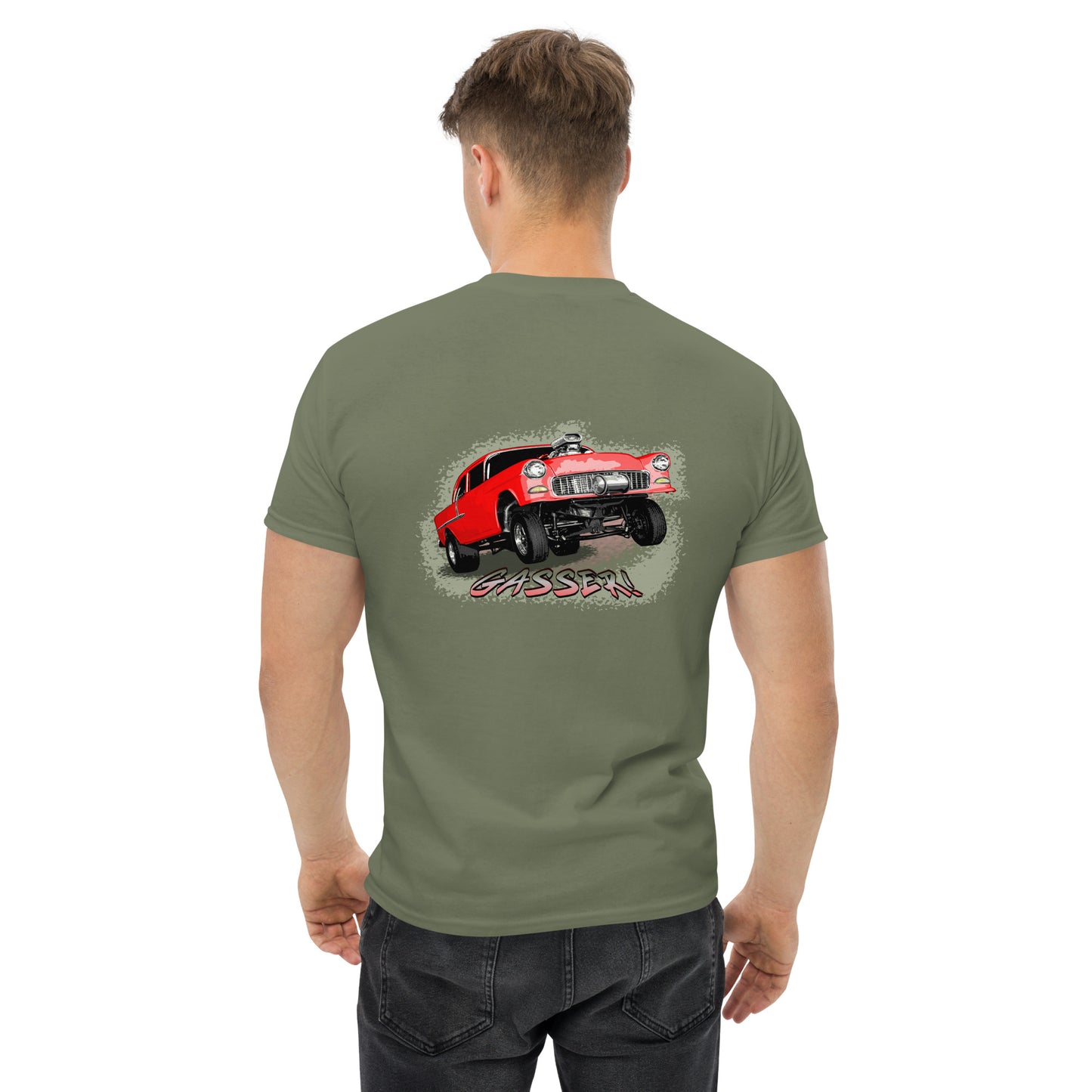 Classic Car Shirt featuring a Red 1955 Chevy Gasser - Unisex t-shirt, 1950s 1960s racer, image on back