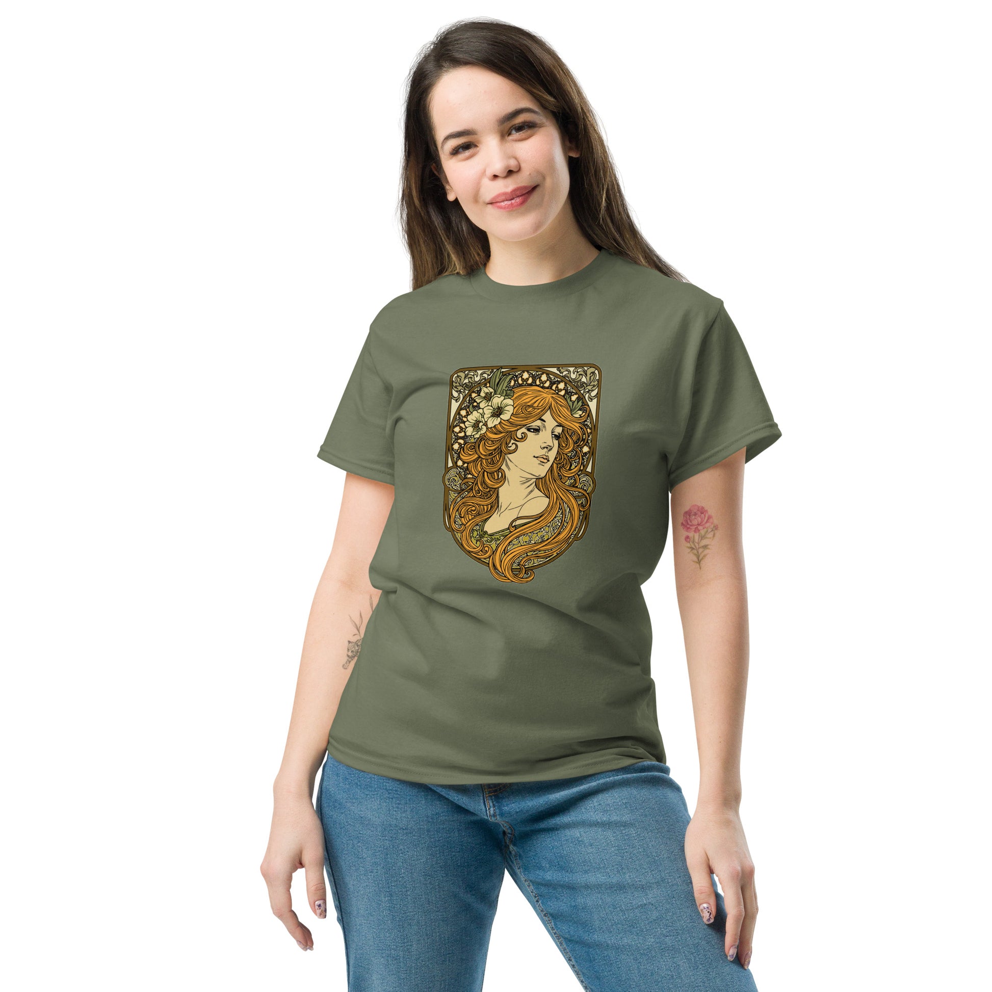 Alphonse Mucha-inspired Woman green/brown tones Unisex classic tee