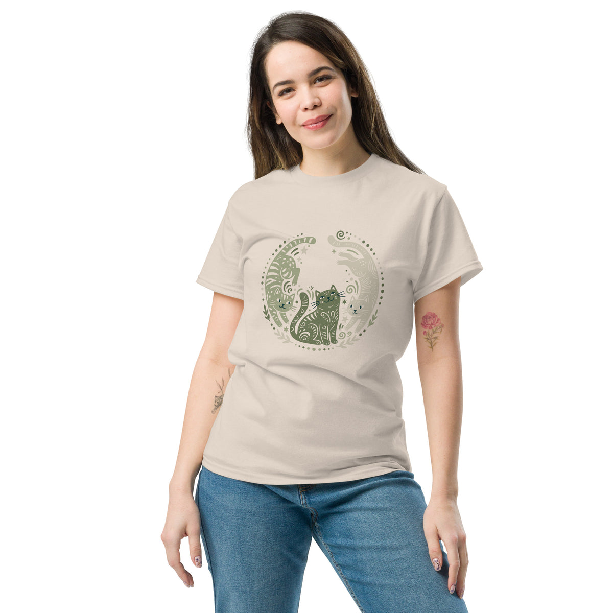 Folk Art Cat Shirt | Celestial Three Cats Tee | Sage Green Mystical T-Shirt