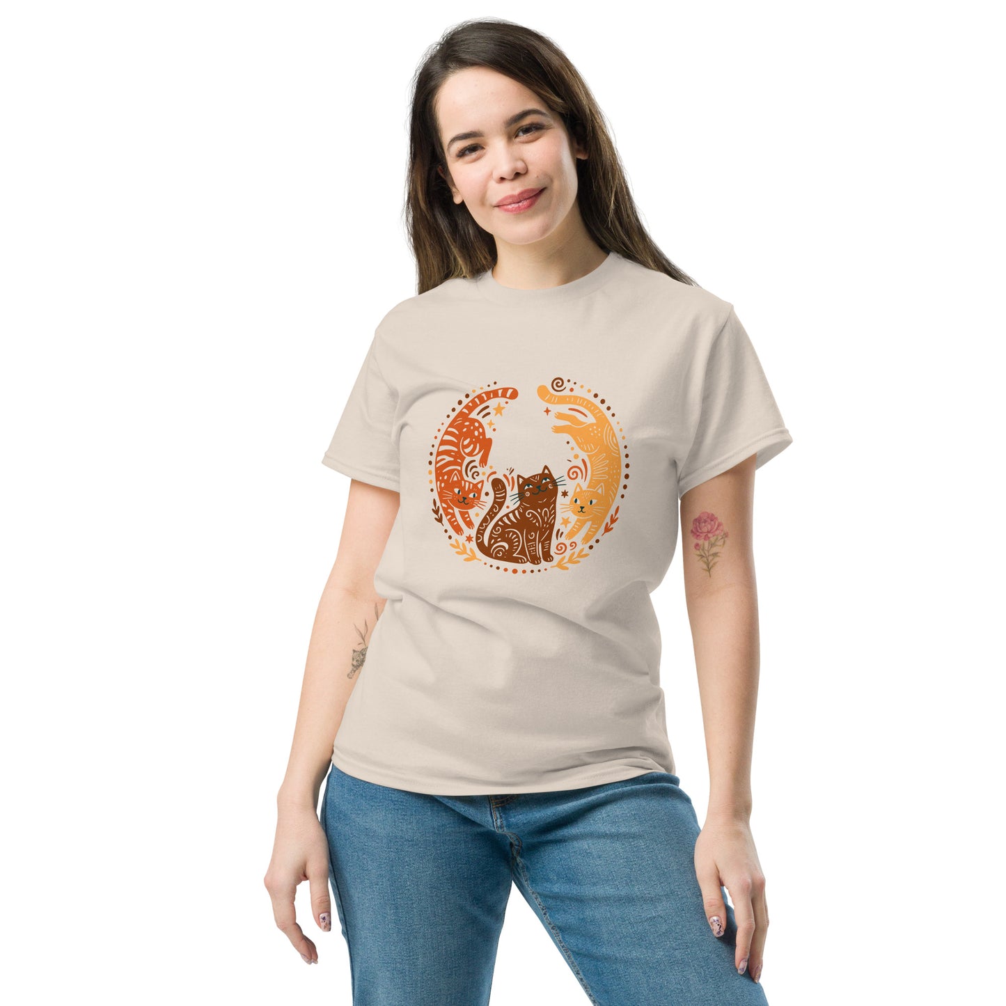 Folk Art Cat Shirt | Celestial Three Cats Tee | Yellow Brown Mystical T-Shirt