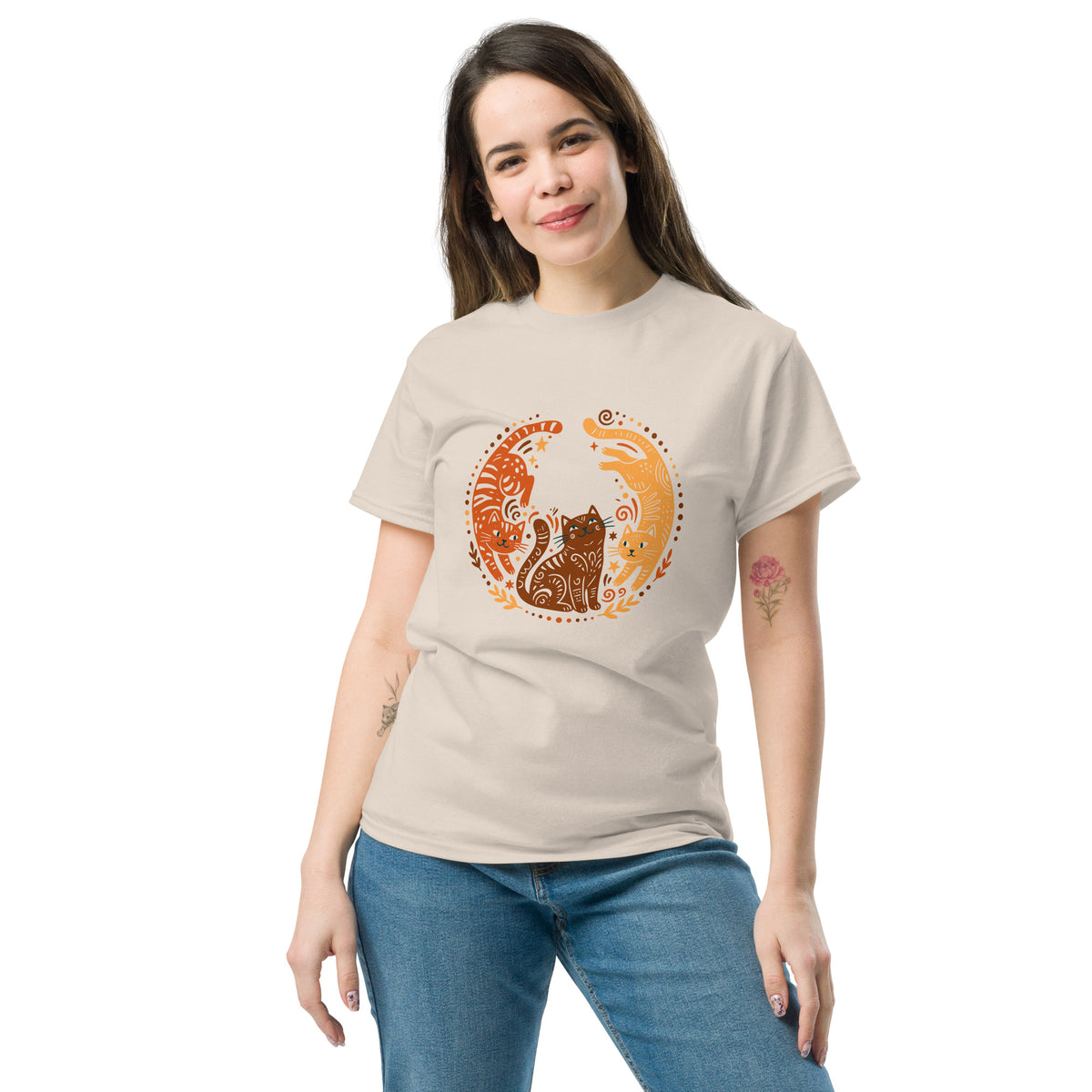 Folk Art Cat Shirt | Celestial Three Cats Tee | Yellow Brown Mystical T-Shirt