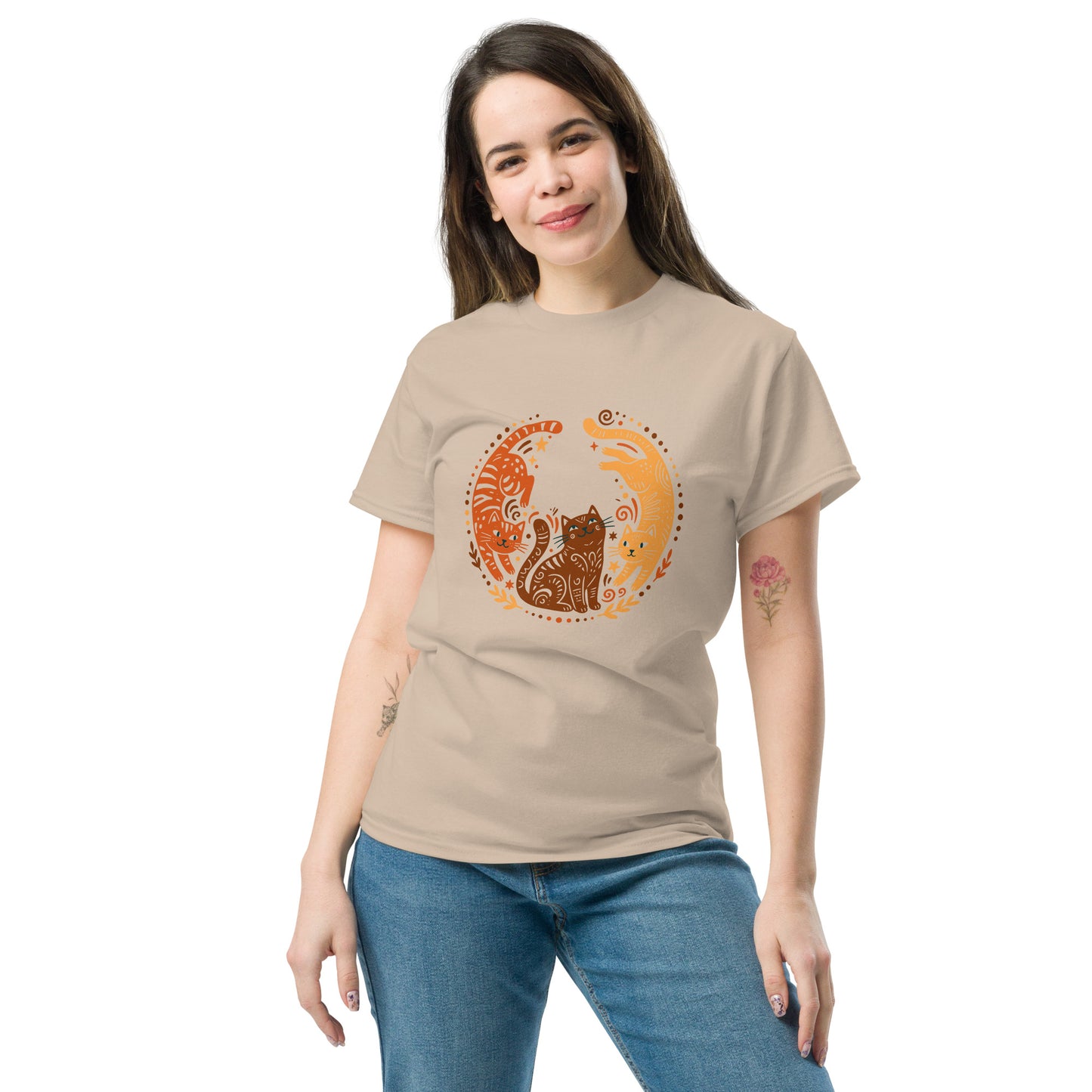 Folk Art Cat Shirt | Celestial Three Cats Tee | Yellow Brown Mystical T-Shirt