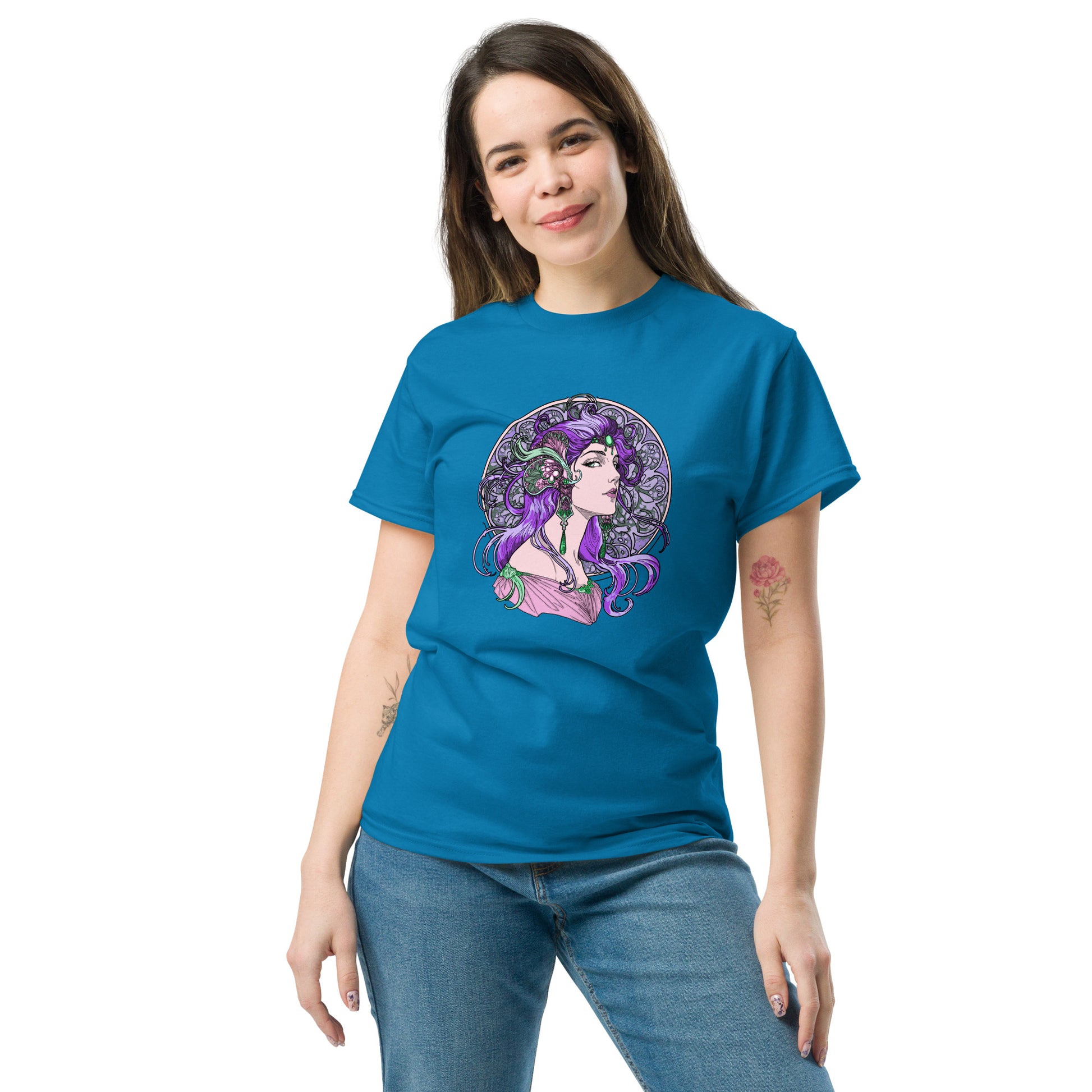 Alphonse Mucha-inspired Purple-haired Woman Unisex classic tee