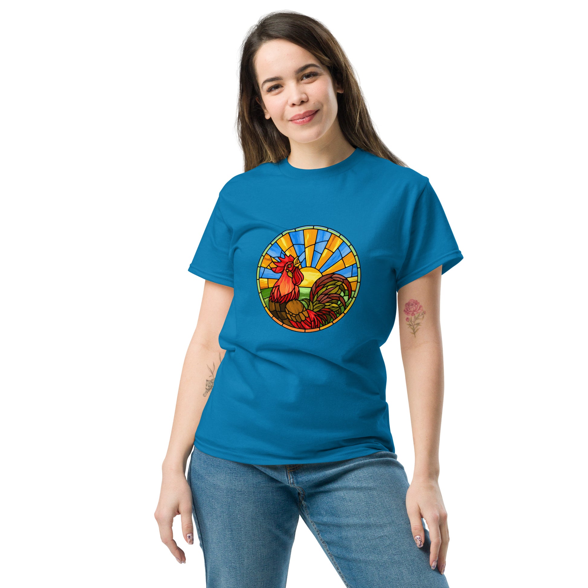 Stained Glass Rooster Unisex classic tee - Chicken Shirt!  Rise and shine with our radiant rooster tee! This stained glass-inspired design is the perfect way to start your day. 