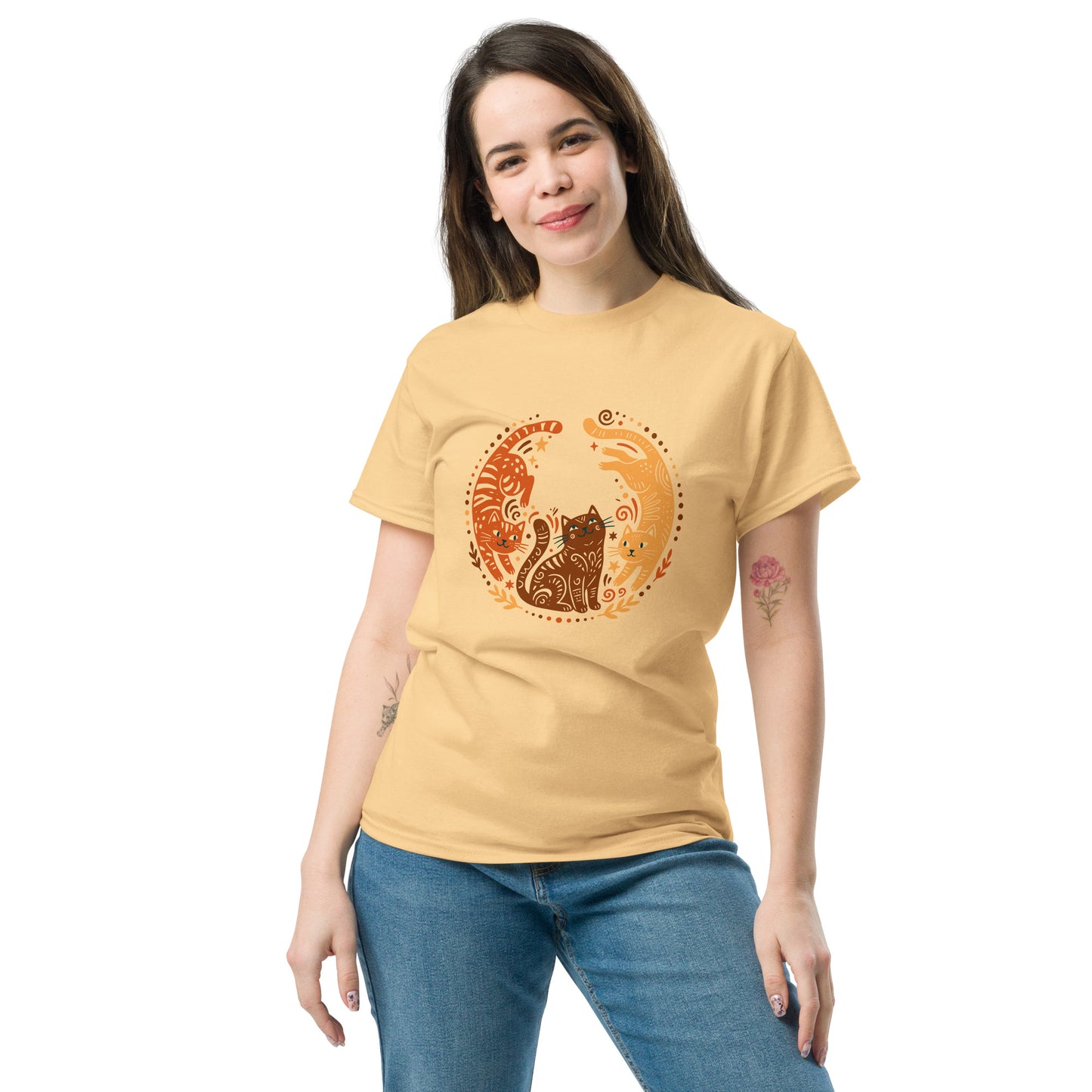 Folk Art Cat Shirt | Celestial Three Cats Tee | Yellow Brown Mystical T-Shirt