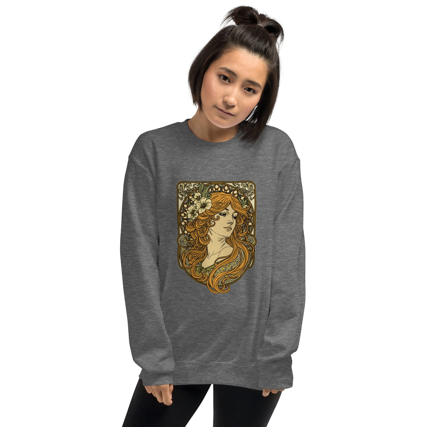Alphonse Mucha-inspired Woman green/brown tones Unisex Sweatshirt