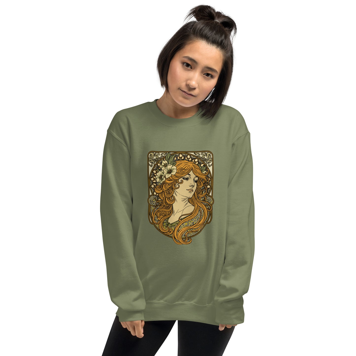 Alphonse Mucha-inspired Woman green/brown tones Unisex Sweatshirt