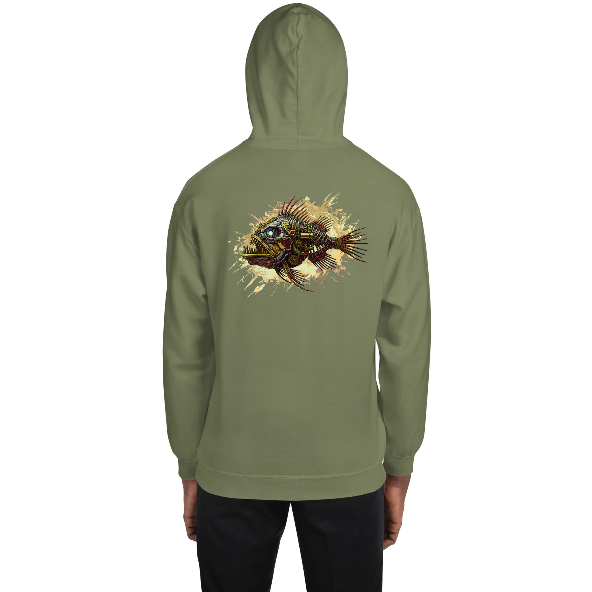 Steampunk Fish Unisex Hoodie - Mechanical angler fish sweatshirt - image on back