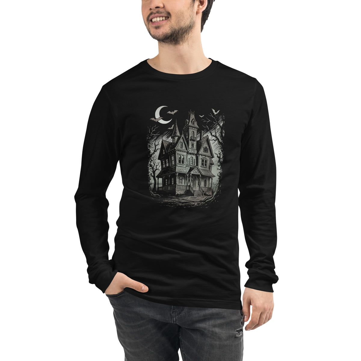 Haunted House T-Shirt, Gothic Victorian Mansion Halloween Shirt, Unisex Long Sleeve Tee