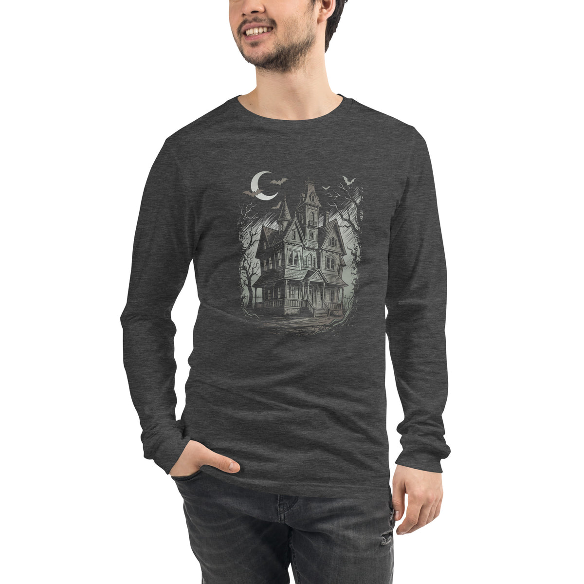 Haunted House T-Shirt, Gothic Victorian Mansion Halloween Shirt, Unisex Long Sleeve Tee