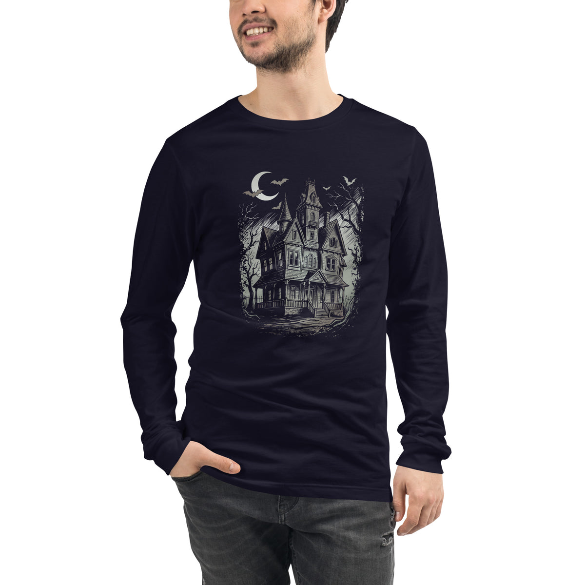 Haunted House T-Shirt, Gothic Victorian Mansion Halloween Shirt, Unisex Long Sleeve Tee