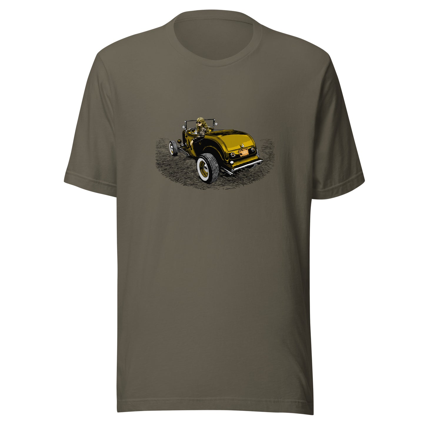 Classic car shirt featuring woman in highboy roadster, Hot Rod Girl Unisex Jersey Gold version