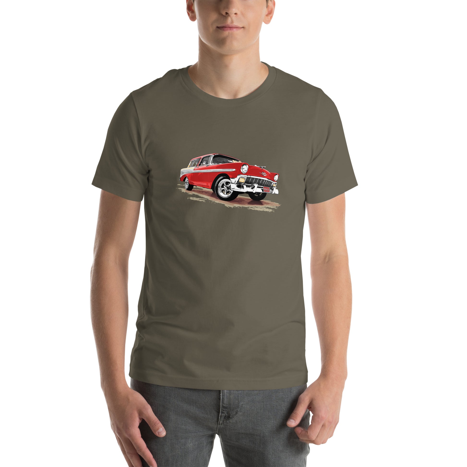 Classic Car Shirt featuring a red 56 Chevrolet Bel Air Nomad, 1956 Chevy on Unisex t-shirt