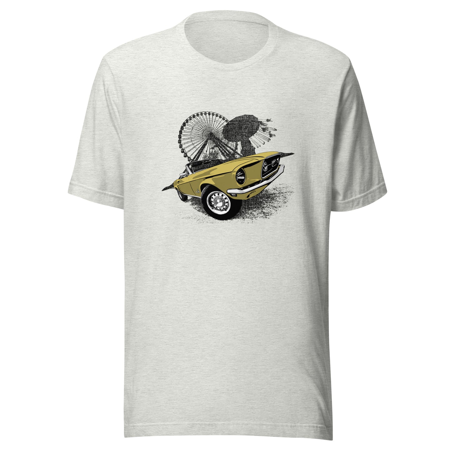 Classic car shirt featuring Yellow 68 Ford Mustang - Unisex t-shirt with 1968 Mustang convertible against carnival backdrop