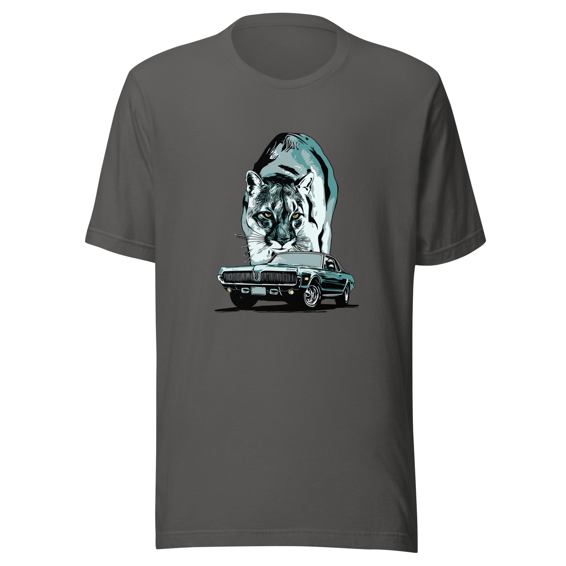 Classic Car Shirt featuring 68 Cougar, Unisex Jersey Tee featuring 1968 Mercury Cougar with cougar cat backdrop, green theme