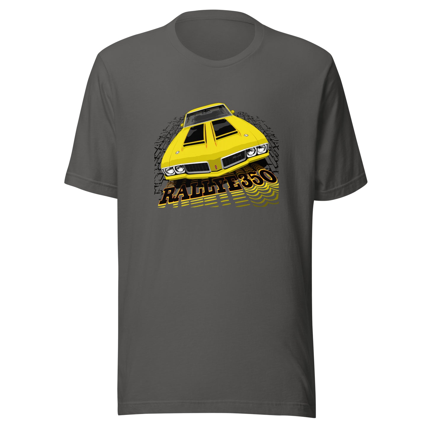 Classic car shirt featuring yellow 70 Olds Cutlass Rallye 350 - Light color Unisex T-shirt version - 1970 Oldsmobile