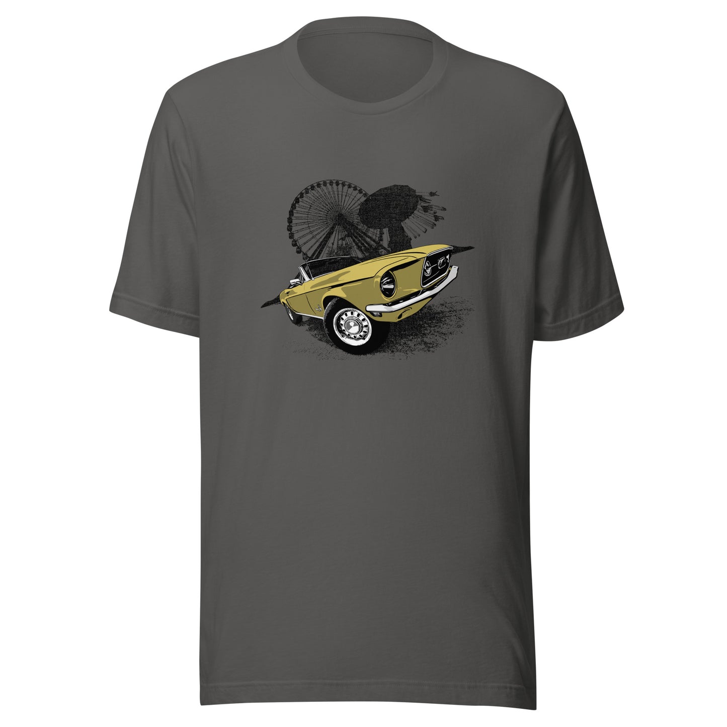 Classic car shirt featuring Yellow 68 Ford Mustang - Unisex t-shirt with 1968 Mustang convertible against carnival backdrop