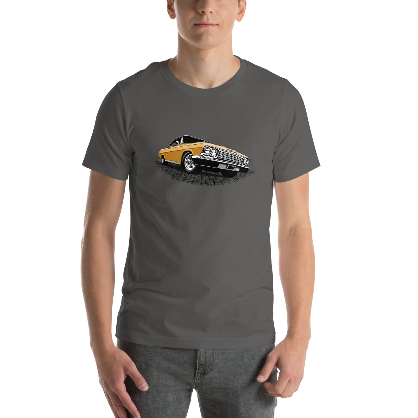 Classic car shirt featuring Gold 1962 Chevy Impala - Unisex Jersey Tee - 62 Chevrolet Impala SS