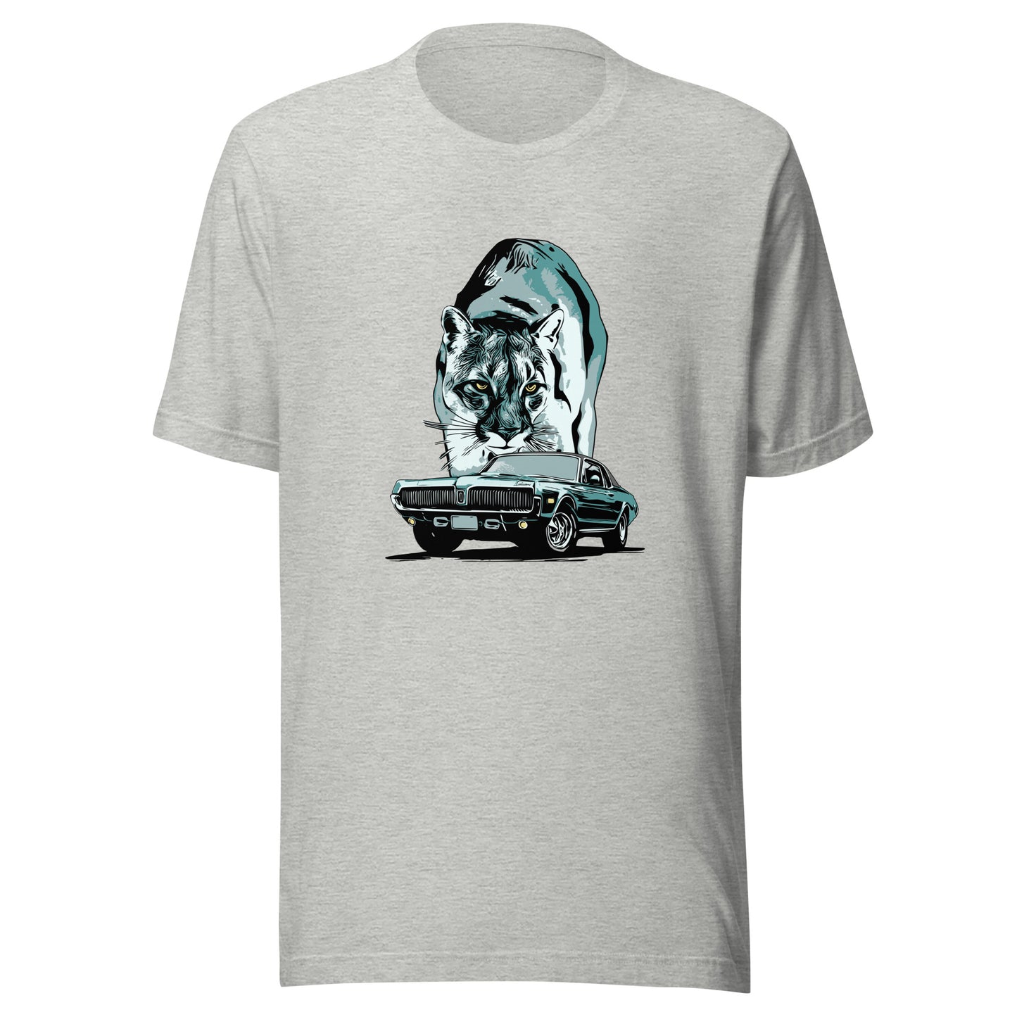 Classic Car Shirt featuring 68 Cougar, Unisex Jersey Tee featuring 1968 Mercury Cougar with cougar cat backdrop, green theme