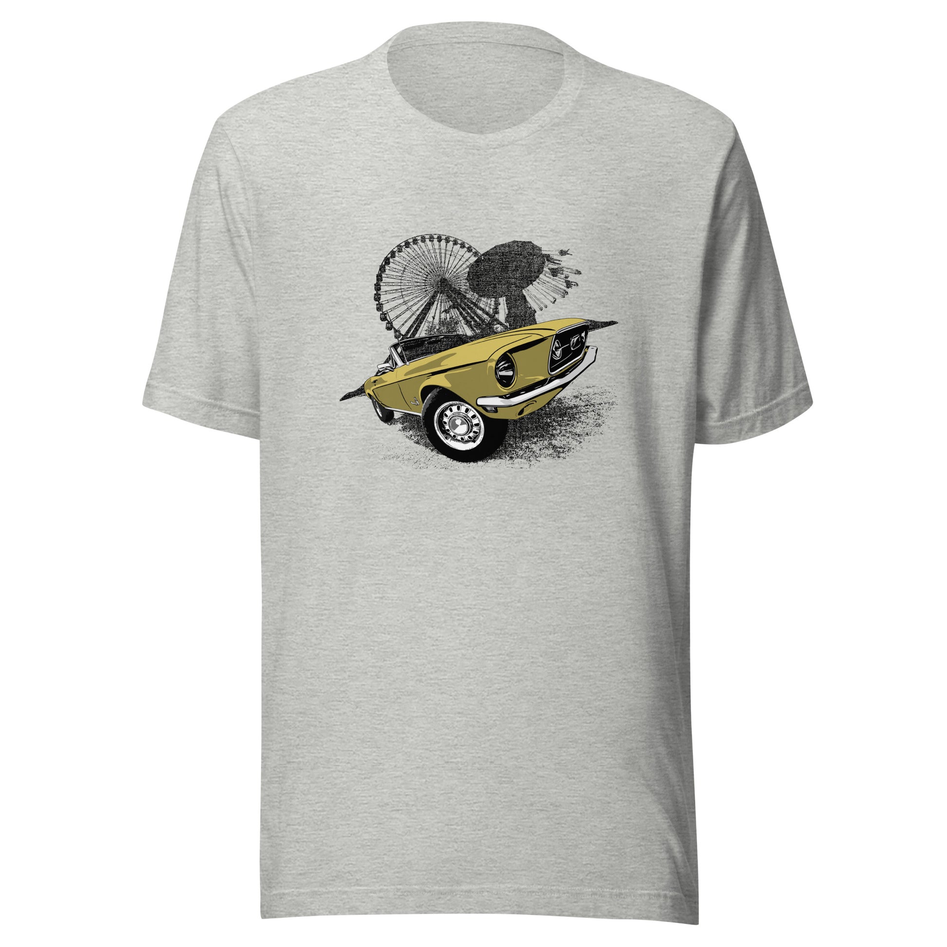 Classic car shirt featuring Yellow 68 Ford Mustang - Unisex t-shirt with 1968 Mustang convertible against carnival backdrop