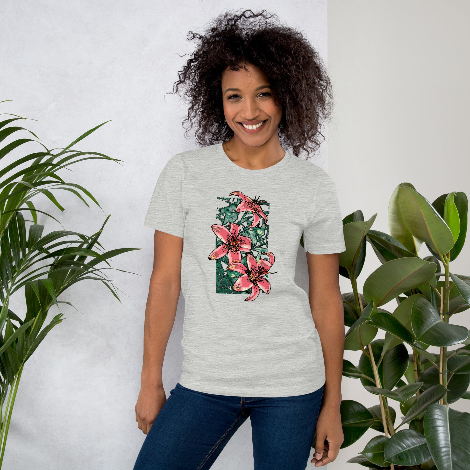 Floral T-shirt with Pink Lilies design - Unisex Jersey Tee for Spring and Summer