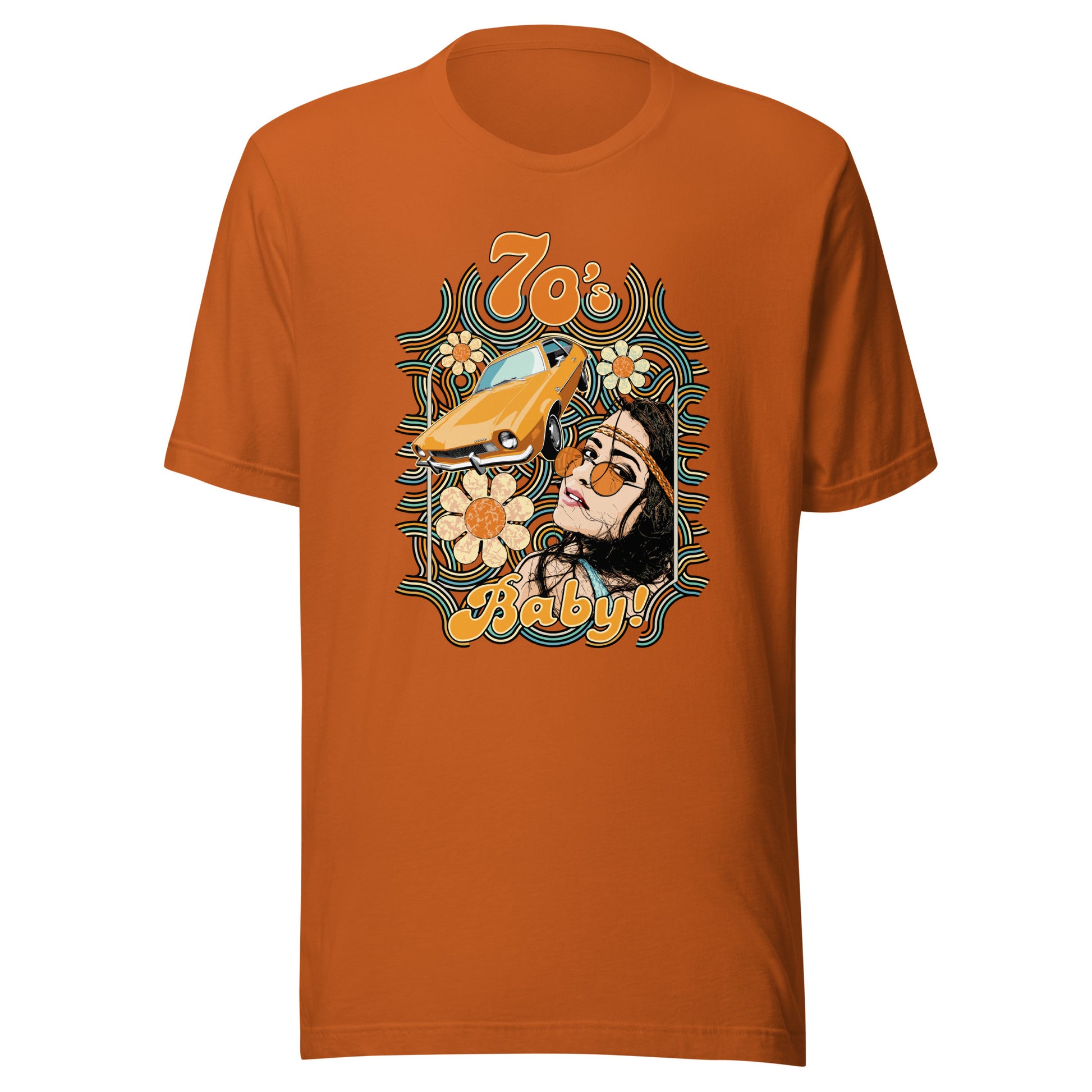 70's Baby! Unisex t-shirt featuring a young woman and Ford Pinto in 70's color palette