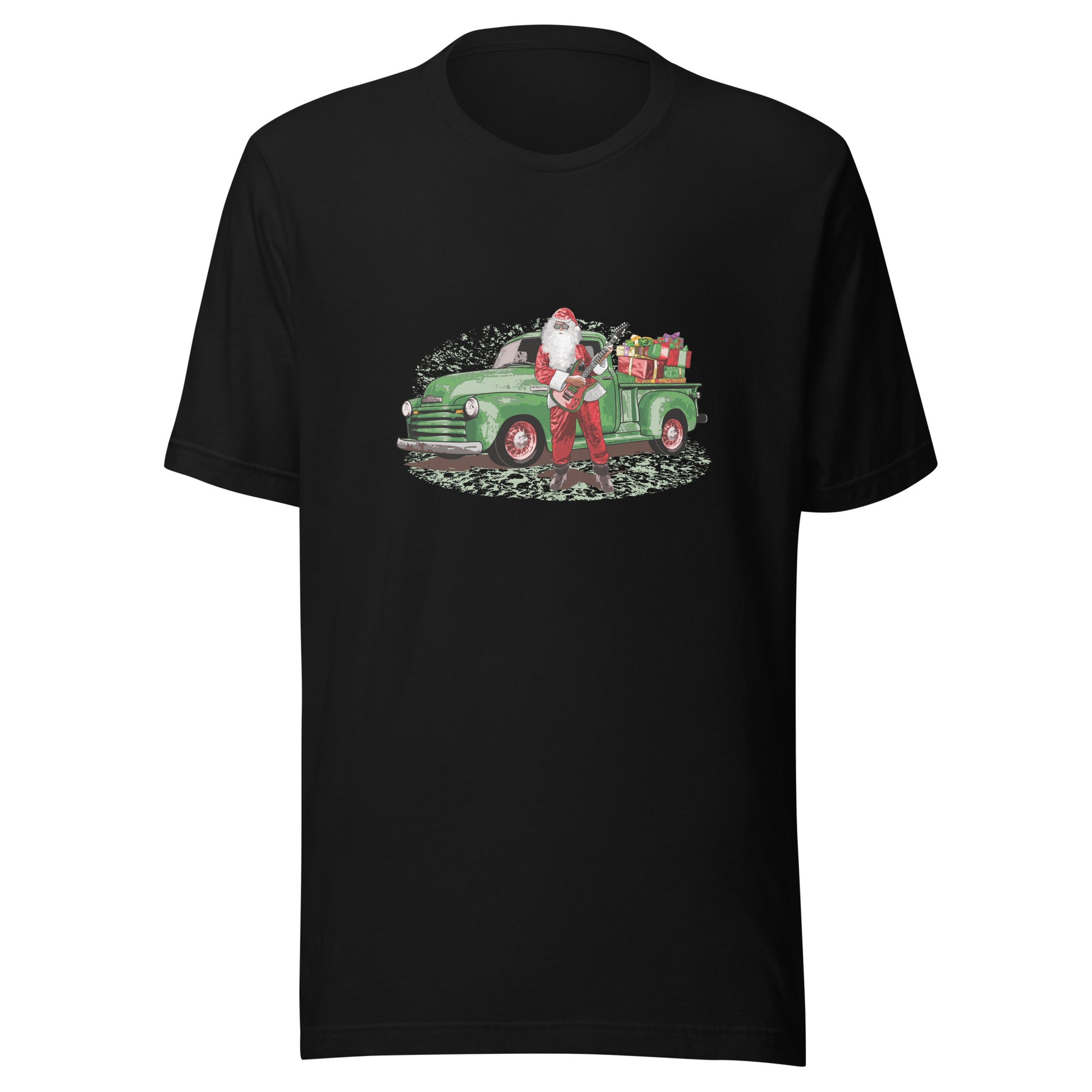 Guitar Santa Unisex Jersey Tee, Santa Claus with Rat Rod Chevy Truck full of Presents