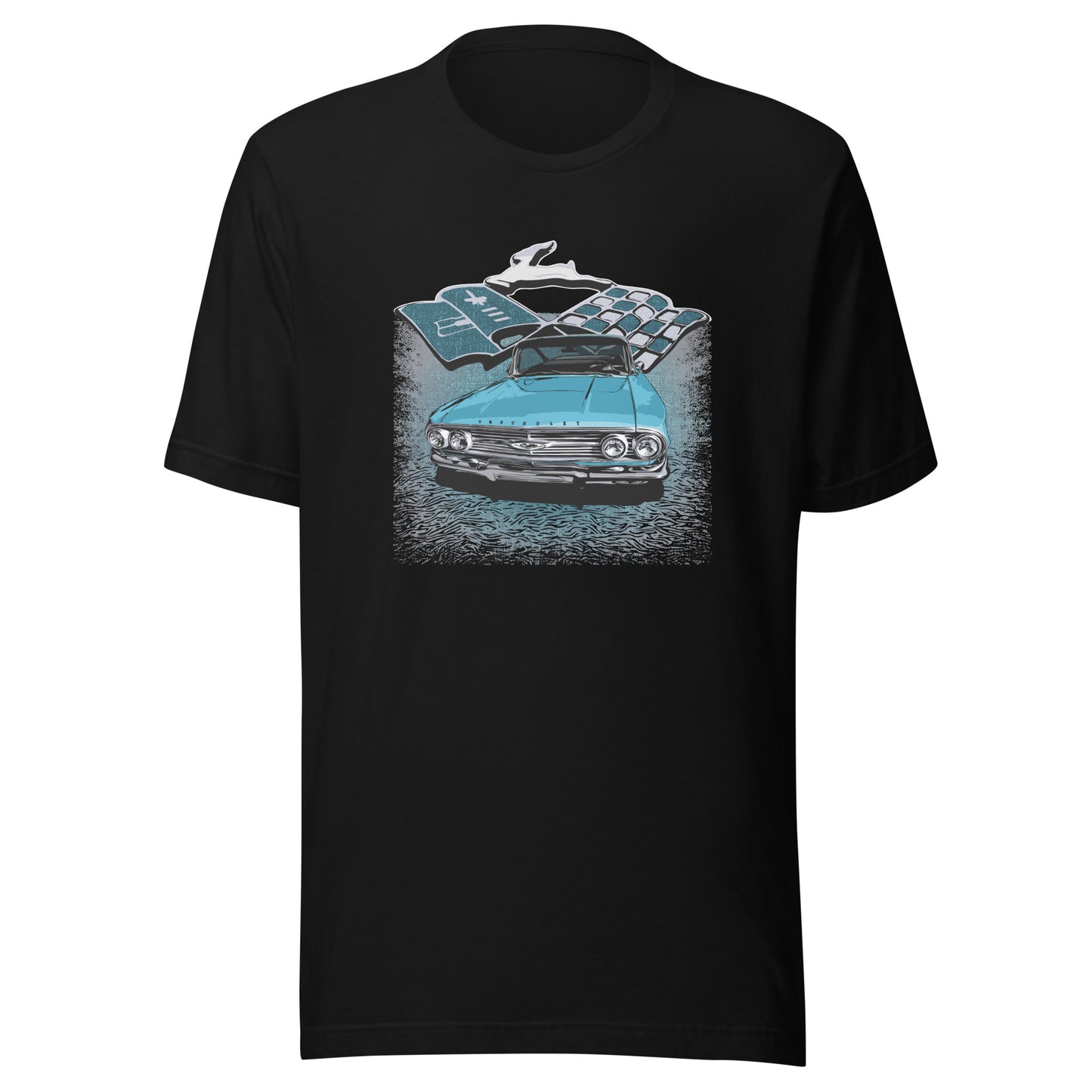 Classic car shirt featuring Blue 1960 Chevy Impala - Unisex Jersey Tee - 60 Chevrolet Impala SS