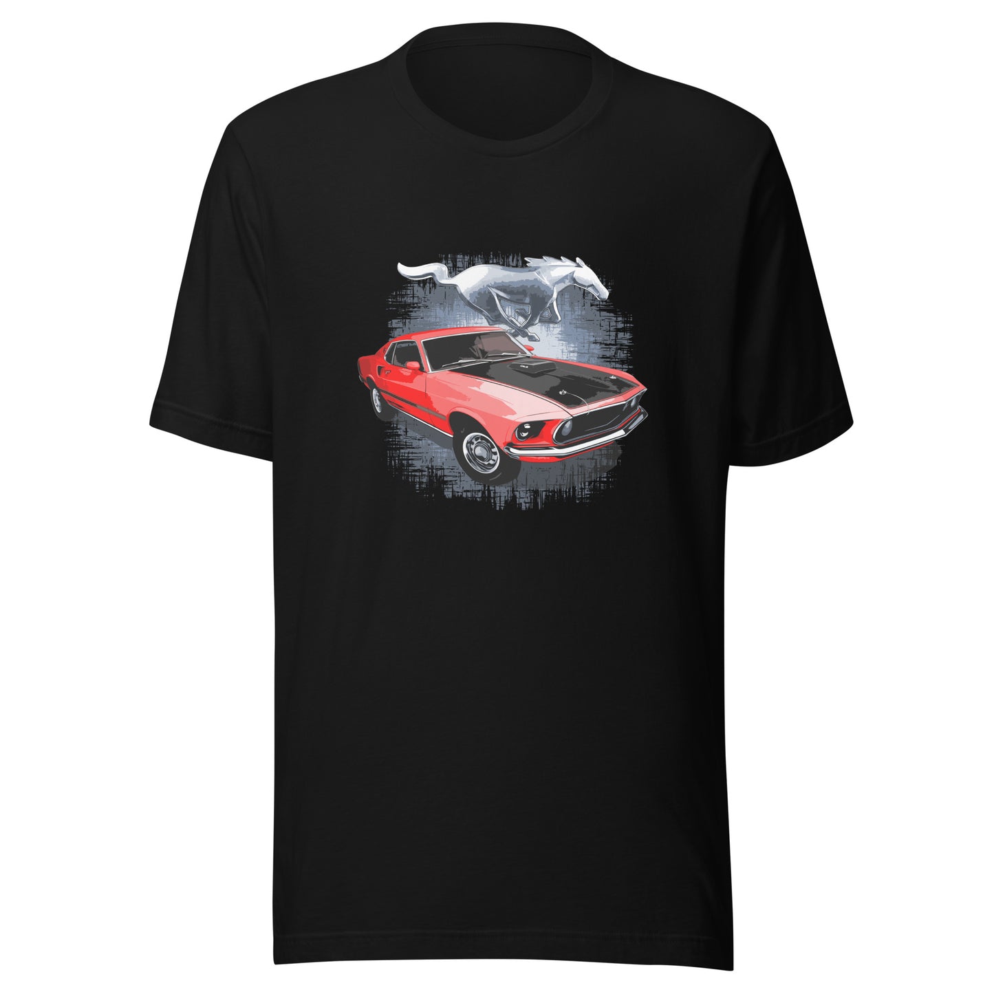 Classic car shirt featuring Red 69 Mustang Mach 1 - Unisex t-shirt with 1969 Ford muscle car