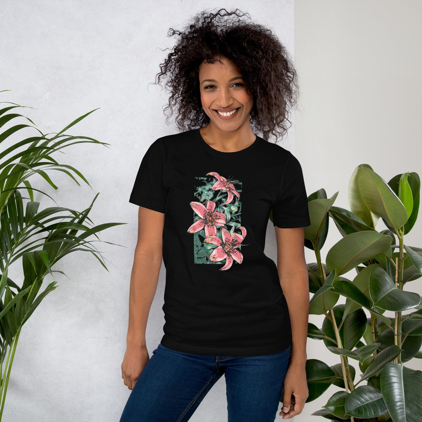 Floral T-shirt with Pink Lilies design - Unisex Jersey Tee for Spring and Summer