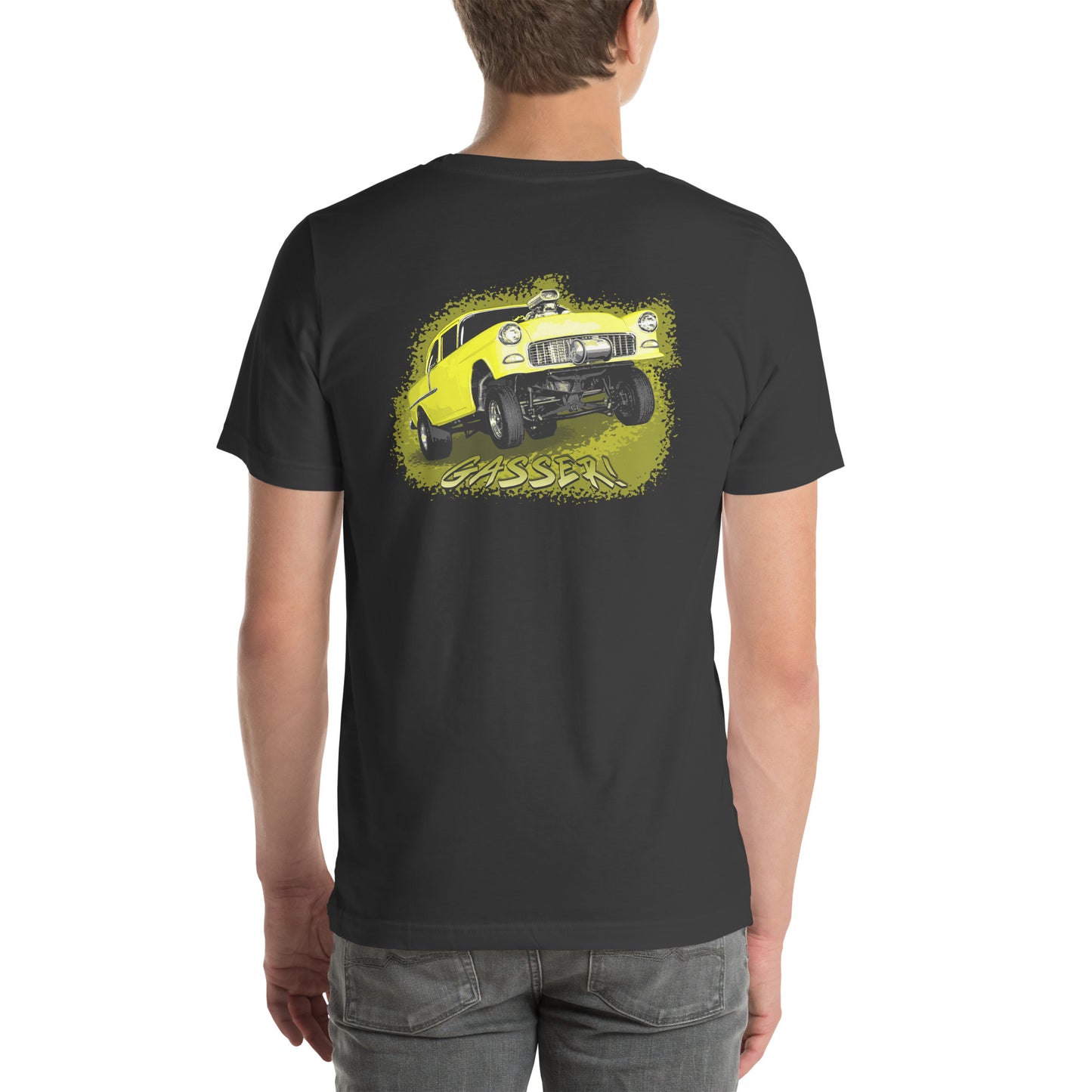 Classic Car Shirt featuring a Yellow 1955 Chevy Gasser - Unisex t-shirt, 1950s 1960s racer, image on back