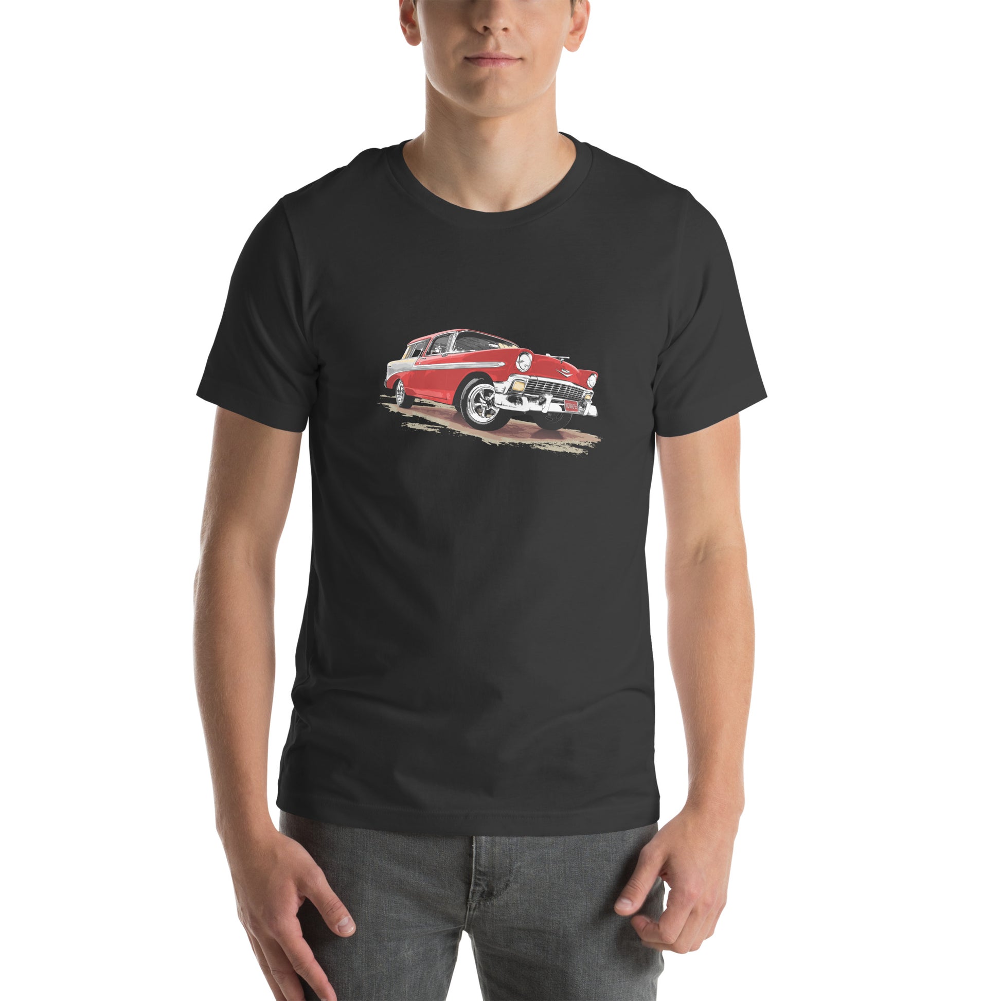 Classic Car Shirt featuring a red 56 Chevrolet Bel Air Nomad, 1956 Chevy on Unisex t-shirt