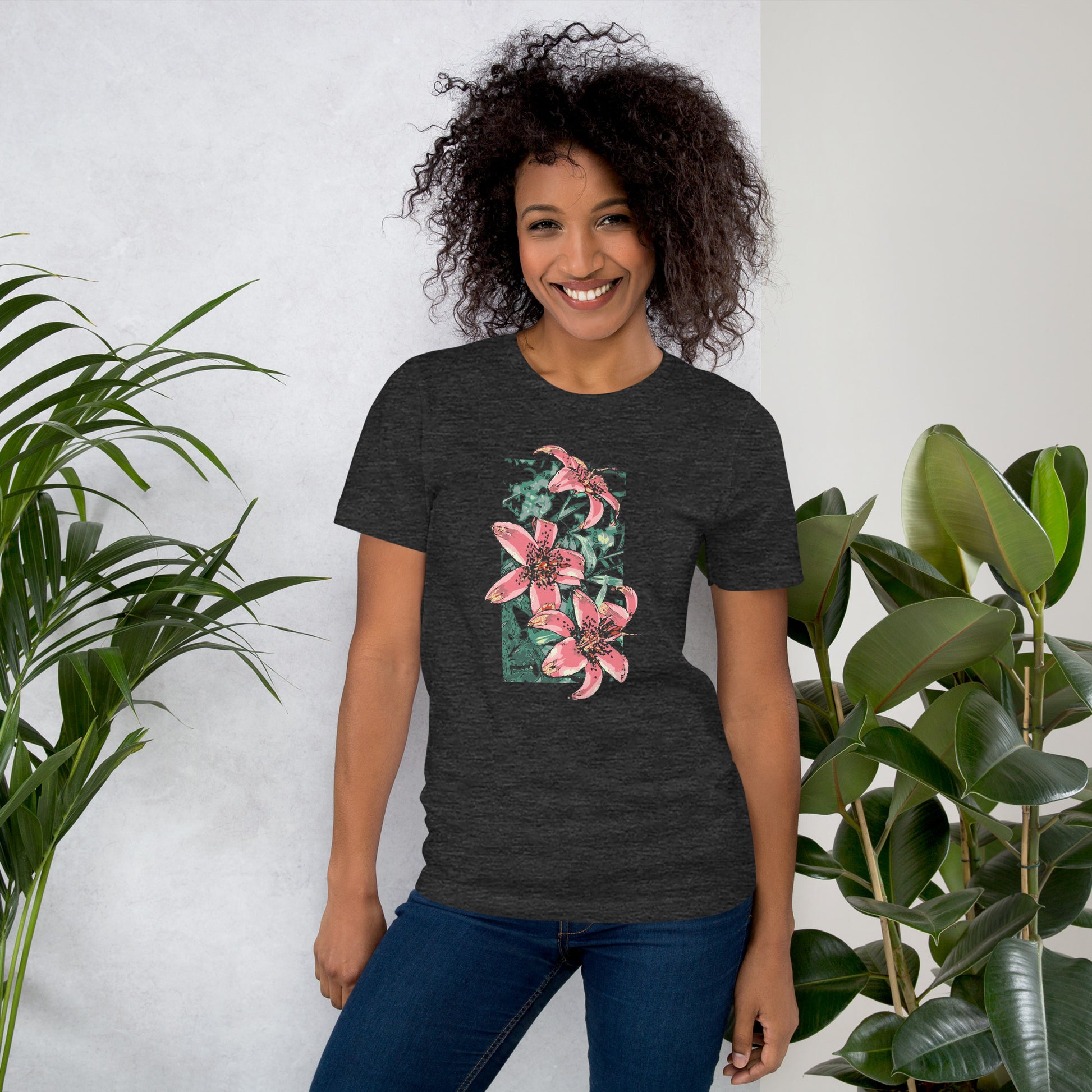 Floral T-shirt with Pink Lilies design - Unisex Jersey Tee for Spring and Summer