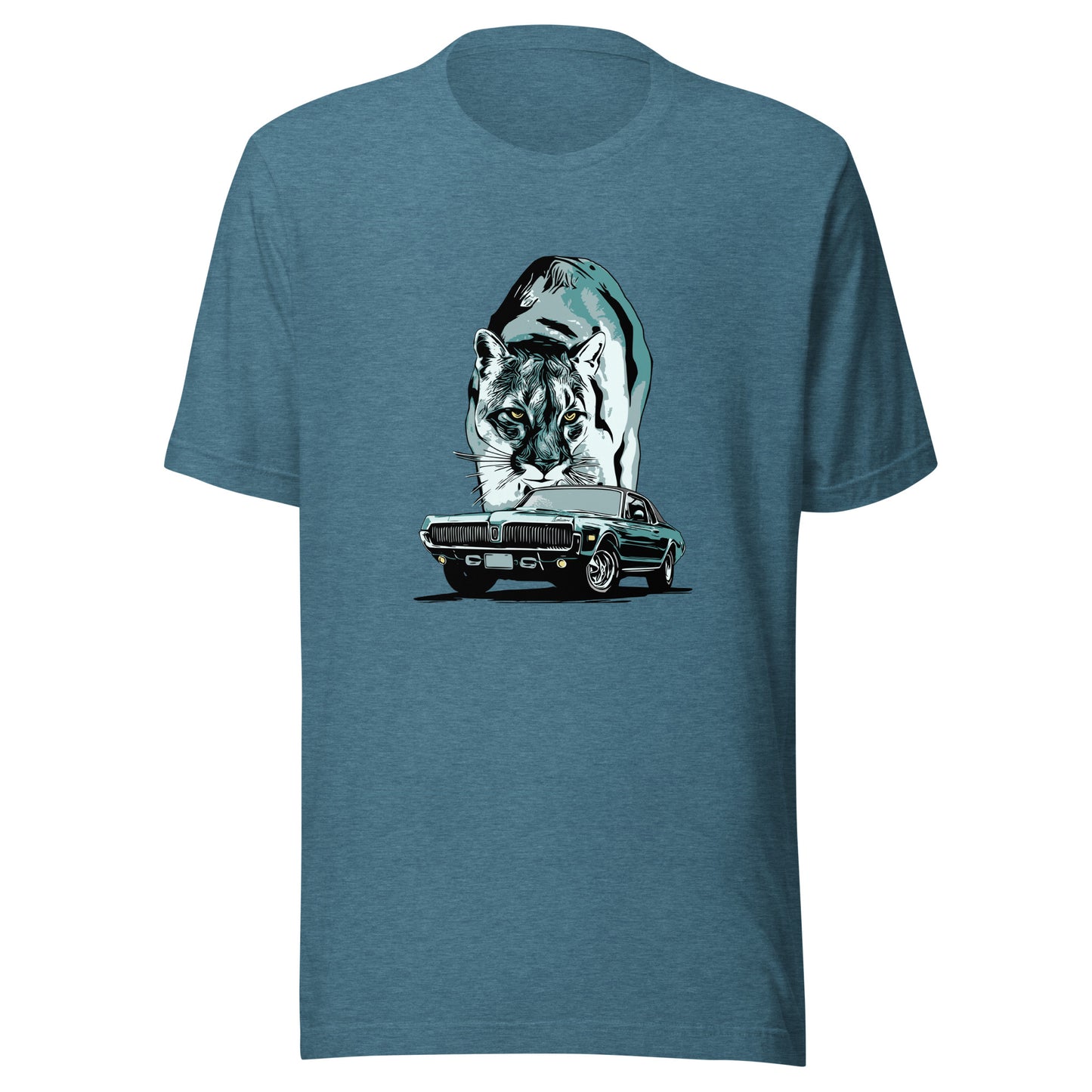 Classic Car Shirt featuring 68 Cougar, Unisex Jersey Tee featuring 1968 Mercury Cougar with cougar cat backdrop, green theme