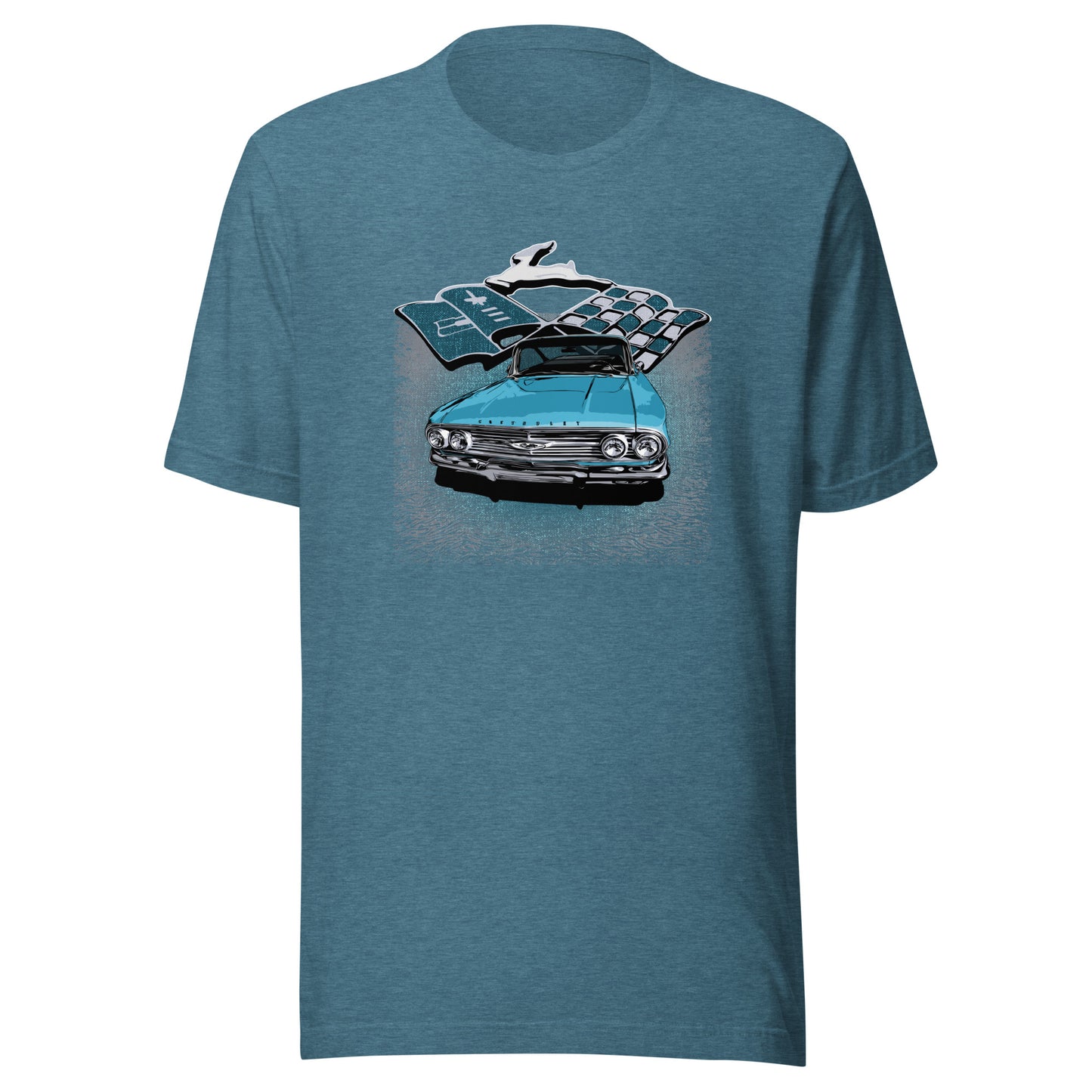 Classic car shirt featuring Blue 1960 Chevy Impala - Unisex Jersey Tee - 60 Chevrolet Impala SS