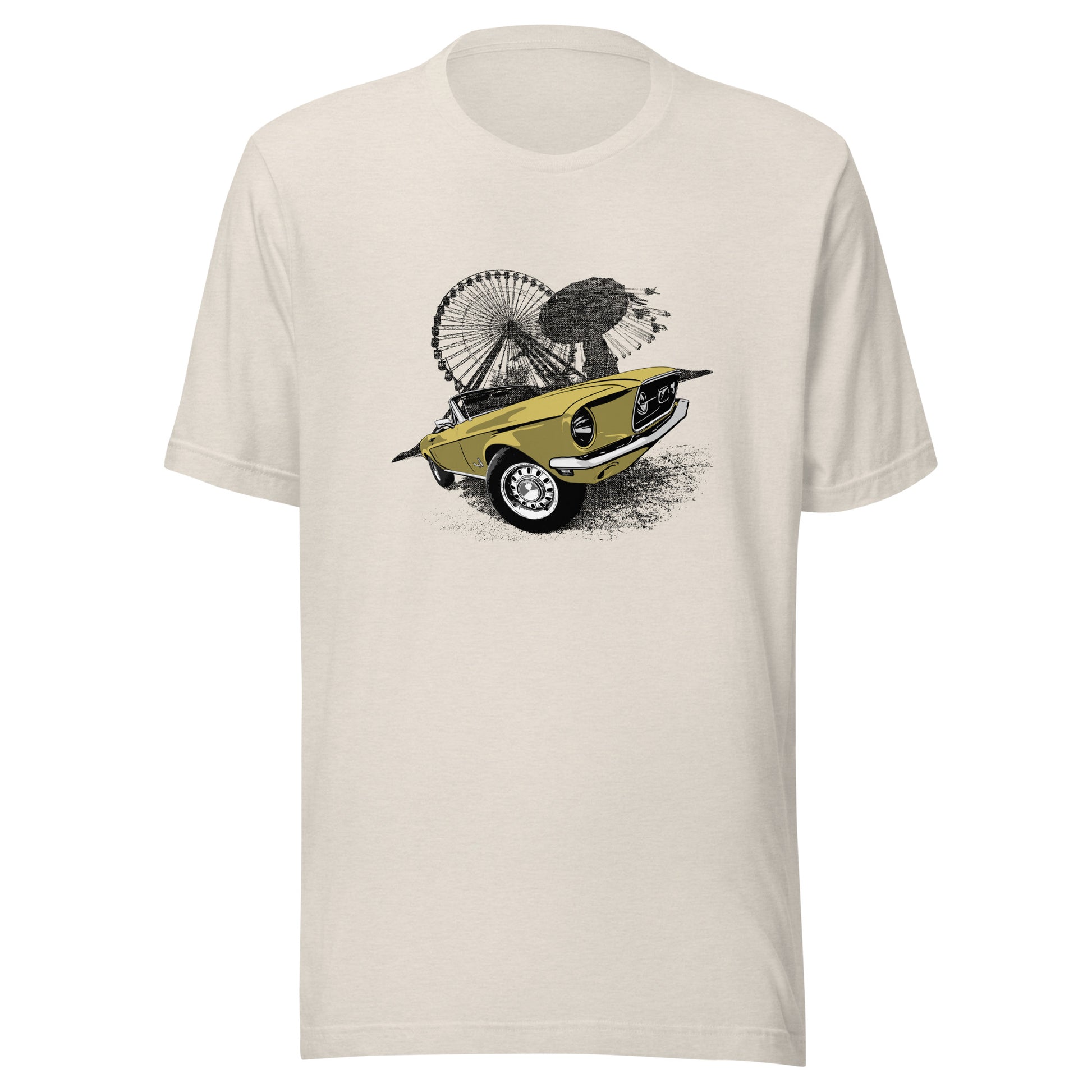 Classic car shirt featuring Yellow 68 Ford Mustang - Unisex t-shirt with 1968 Mustang convertible against carnival backdrop