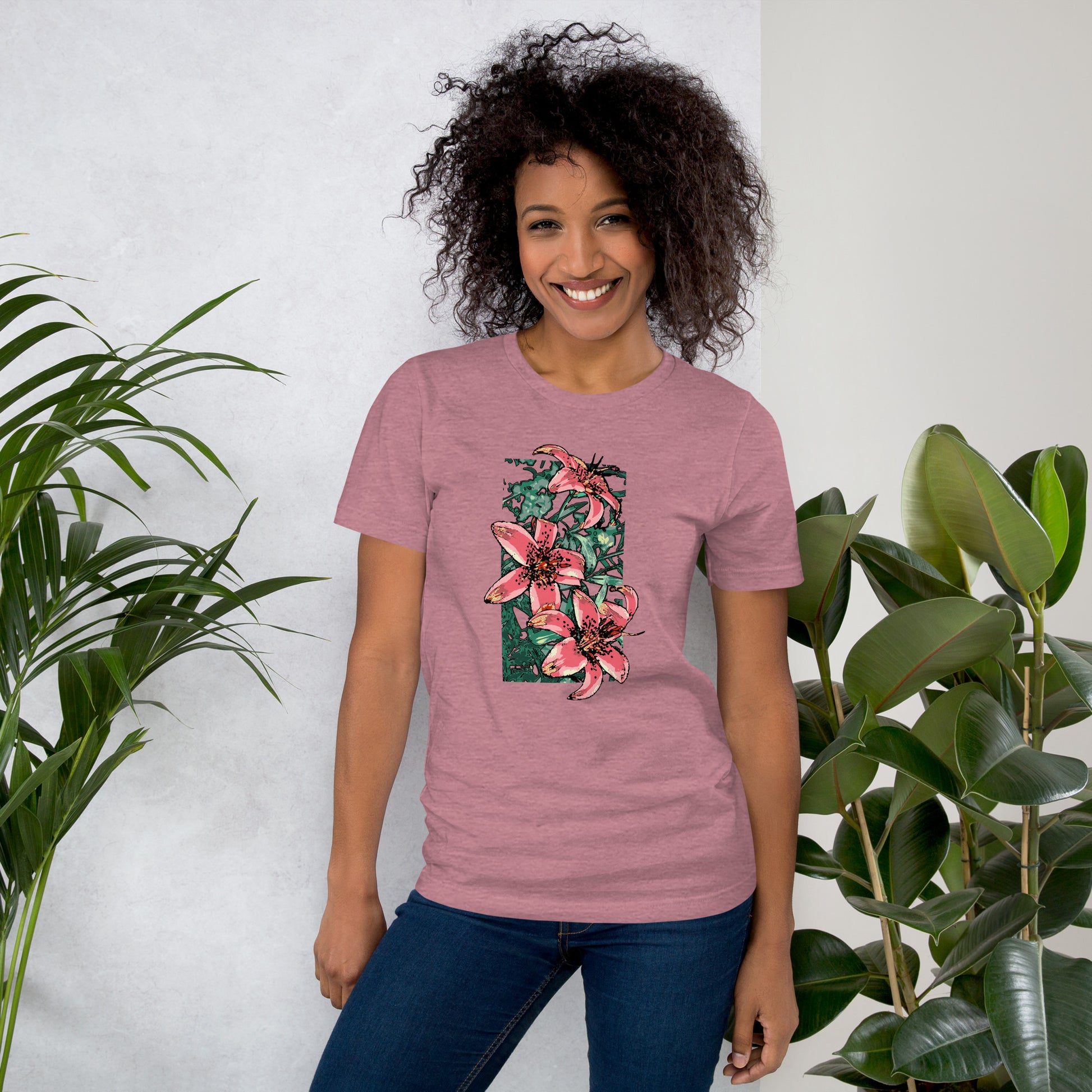 Floral T-shirt with Pink Lilies design - Unisex Jersey Tee for Spring and Summer